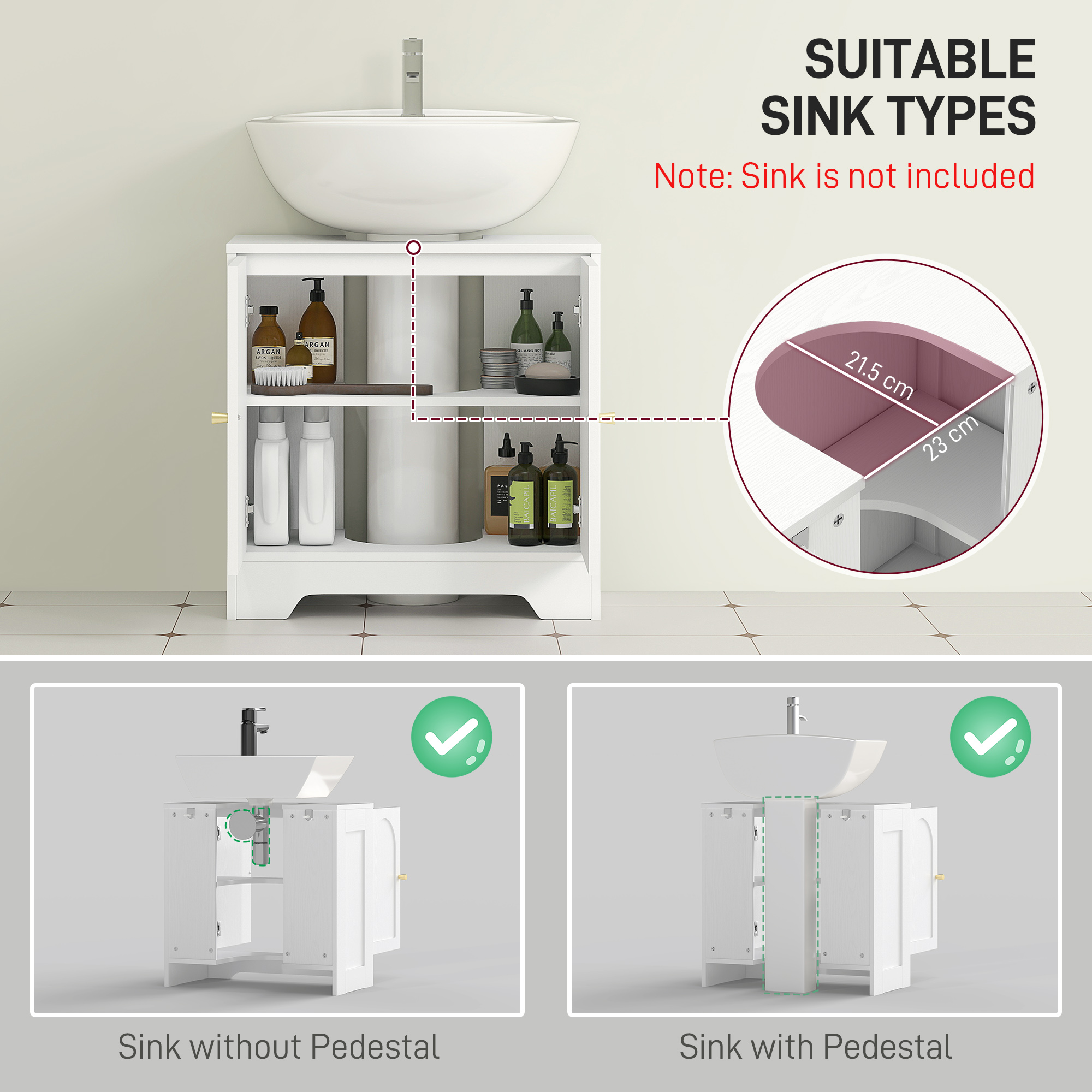 HOMCOM Under Sink Bathroom Cabinet with 2 Arch Doors White 4