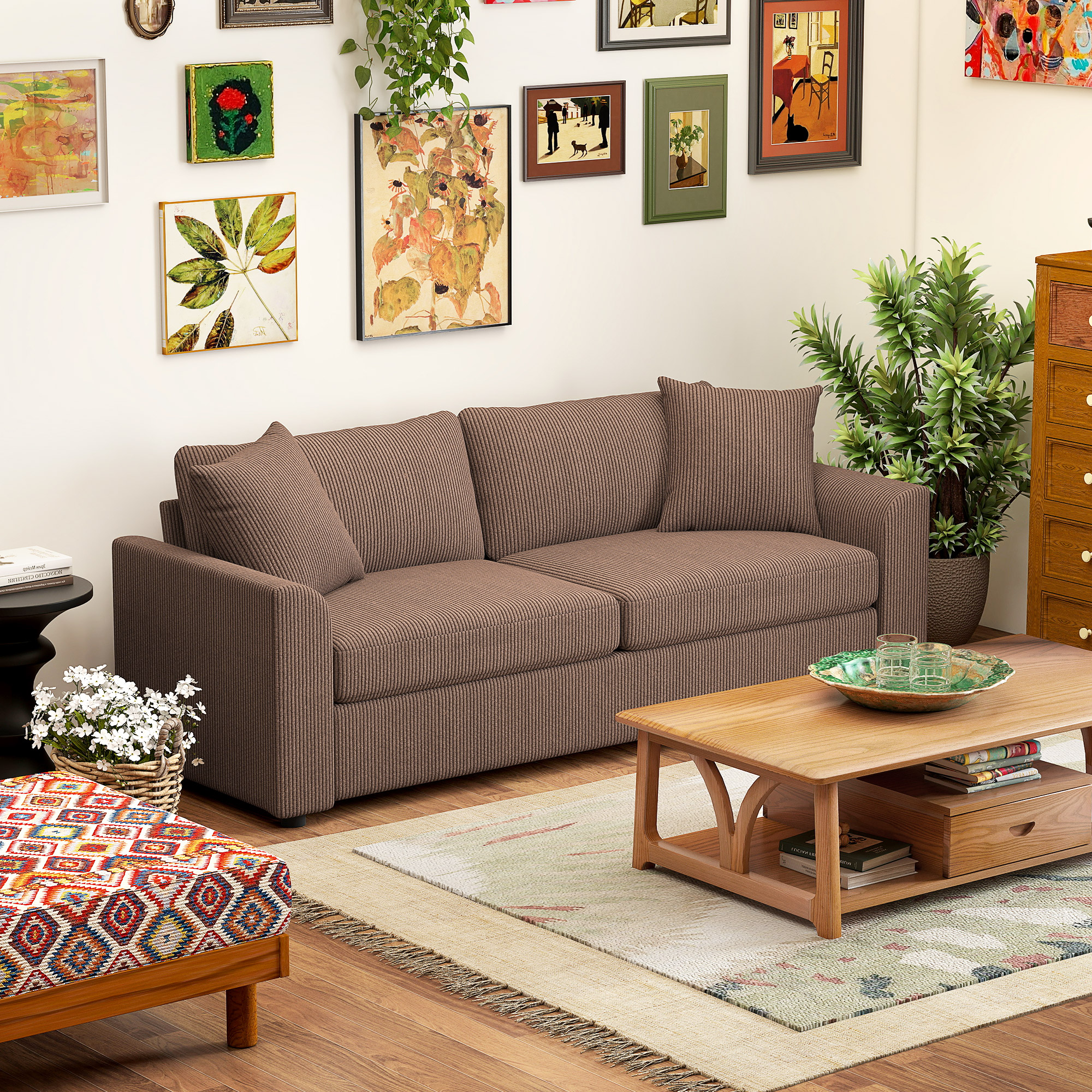 HOMCOM Modern 3 Seater Sofa with Spring Cushion, 212 cm Fabric Jumbo Cord Sofa Couch with 2 Scatter Cushions, Upholstered Corduroy Settee for Living Room, Bedroom, Home Office, Coffee 2