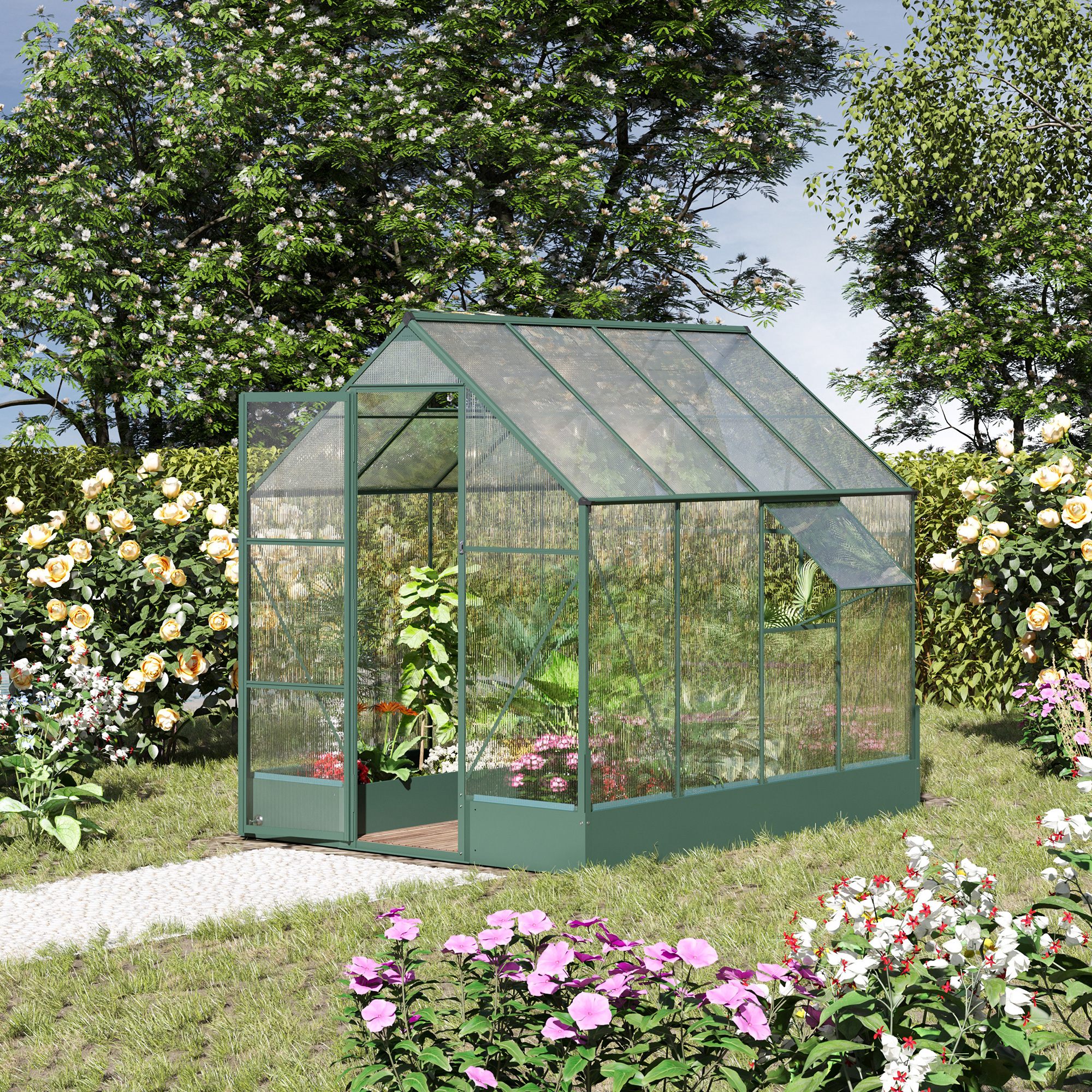 Outsunny 6x8 FT Polycarbonate Greenhouse with Base and Raised Bed, Walk-in Greenhouse with Aluminium Frame, Temperature Controlled Window, Foundation for Plants, Flowers, Vegetable 2