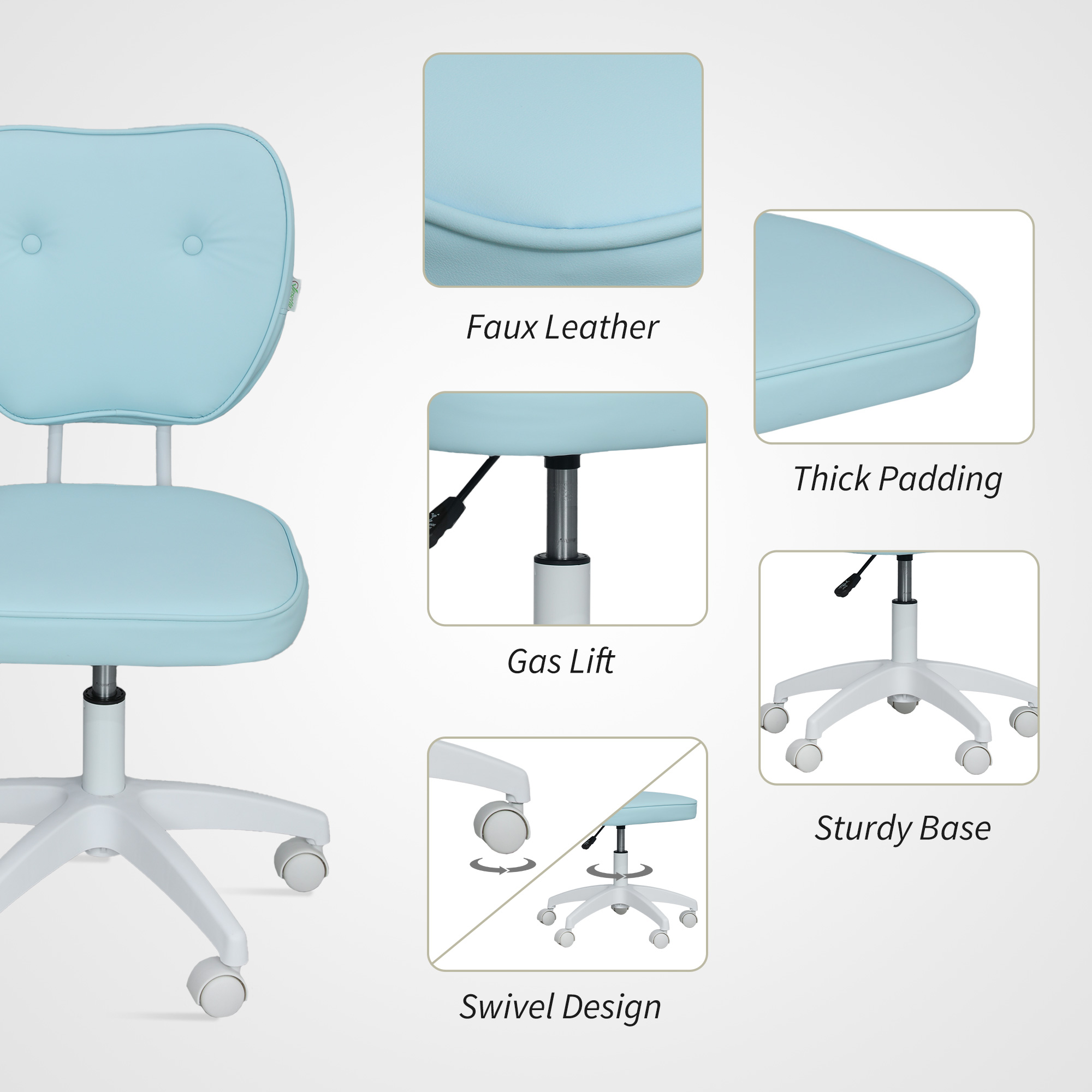 Vinsetto Vanity Office Chair, PU Leather Computer Chair for Home, with Adjustable Height, Armless, Swivel Wheels, Blue 5