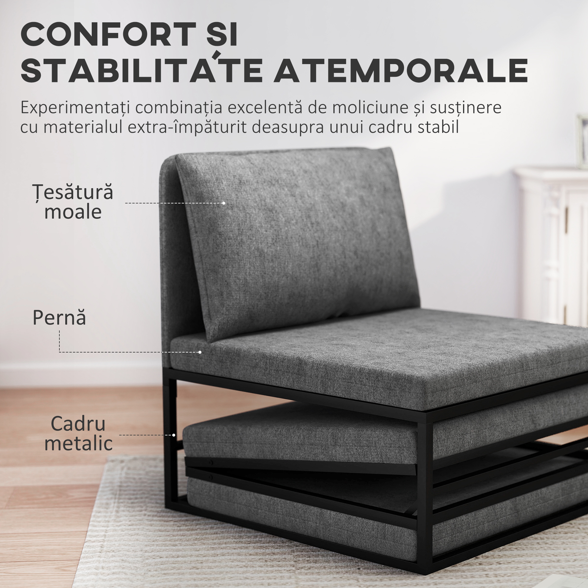  Fotoliu-Pat Modern cu Perna si Husa de Protectie Antipraf, 67x70x74 cm, Gri [5]