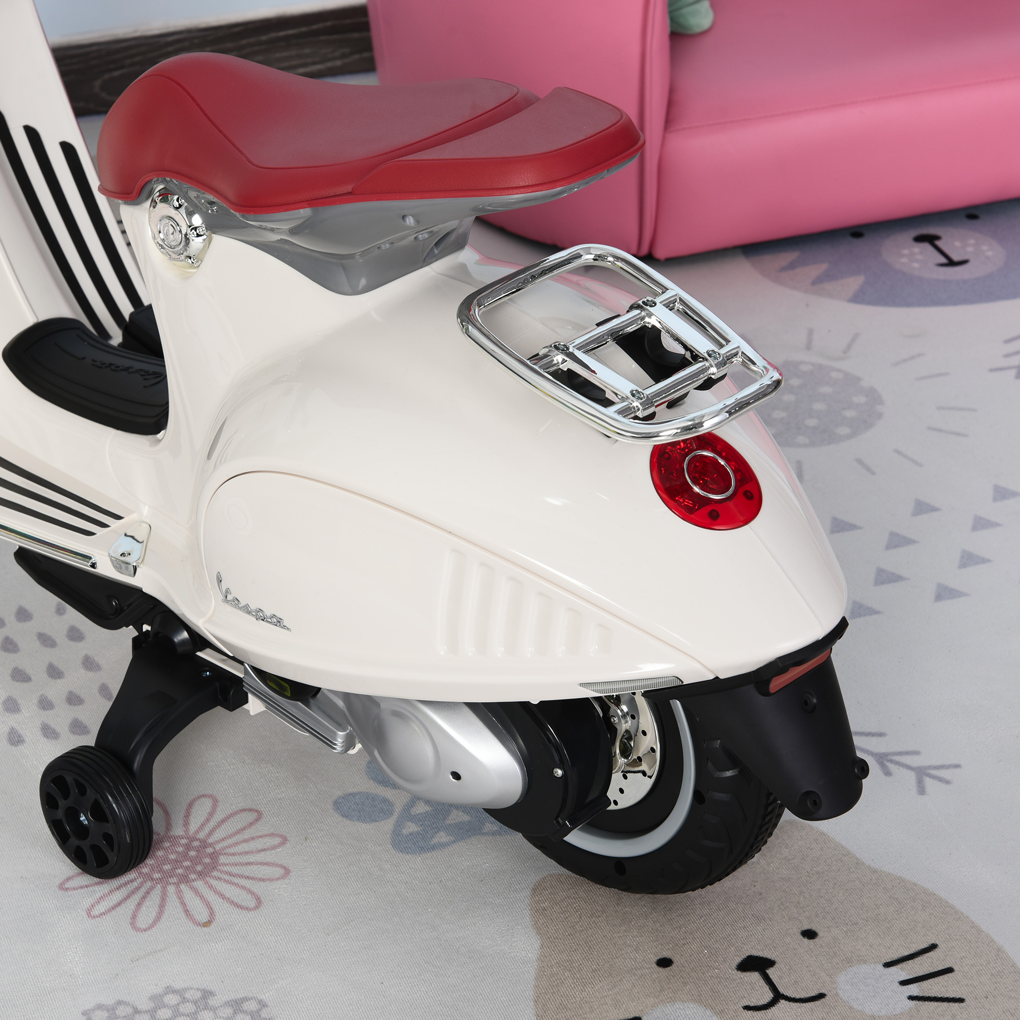 Scooter Électrique Enfant Vespa Licence Officielle - 6V, Phare, Musique, 2 Roulettes, 3-6 Ans, Rose