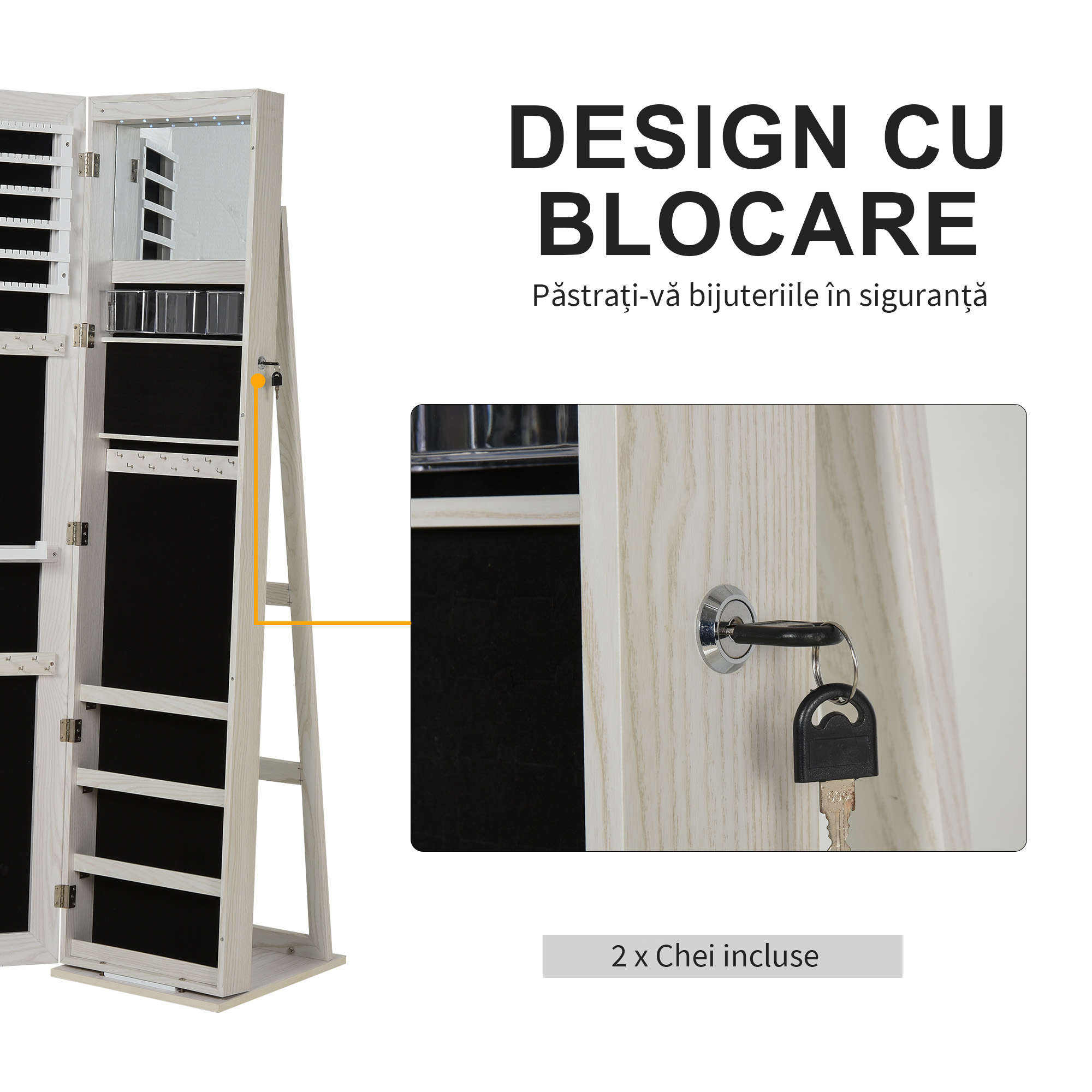  Oglinda-Portbijuterii LED cu 4 Rafturi si Spatii de Depozitare Alb [5]