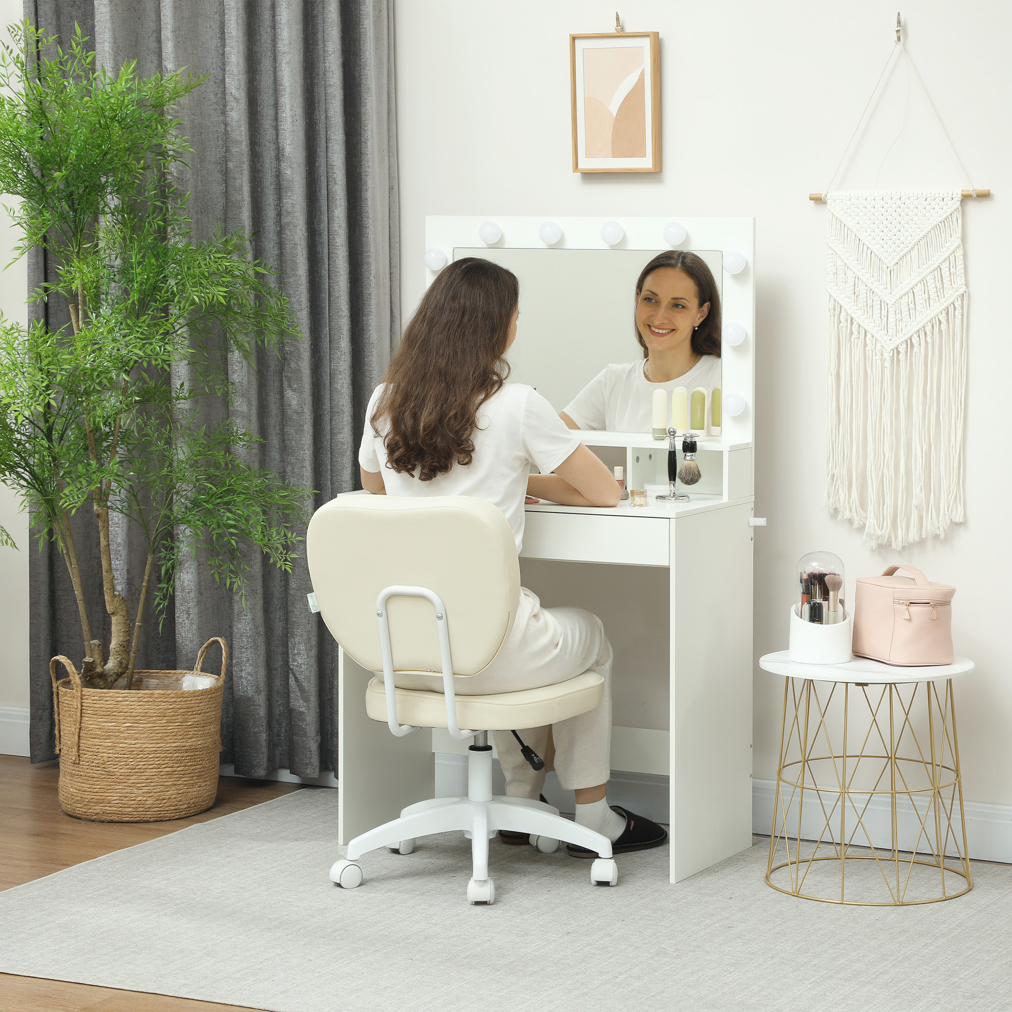 Vinsetto Vanity Office Chair, PU Leather Computer Chair for Home, with Adjustable Height, Armless, Swivel Wheels, Cream 7
