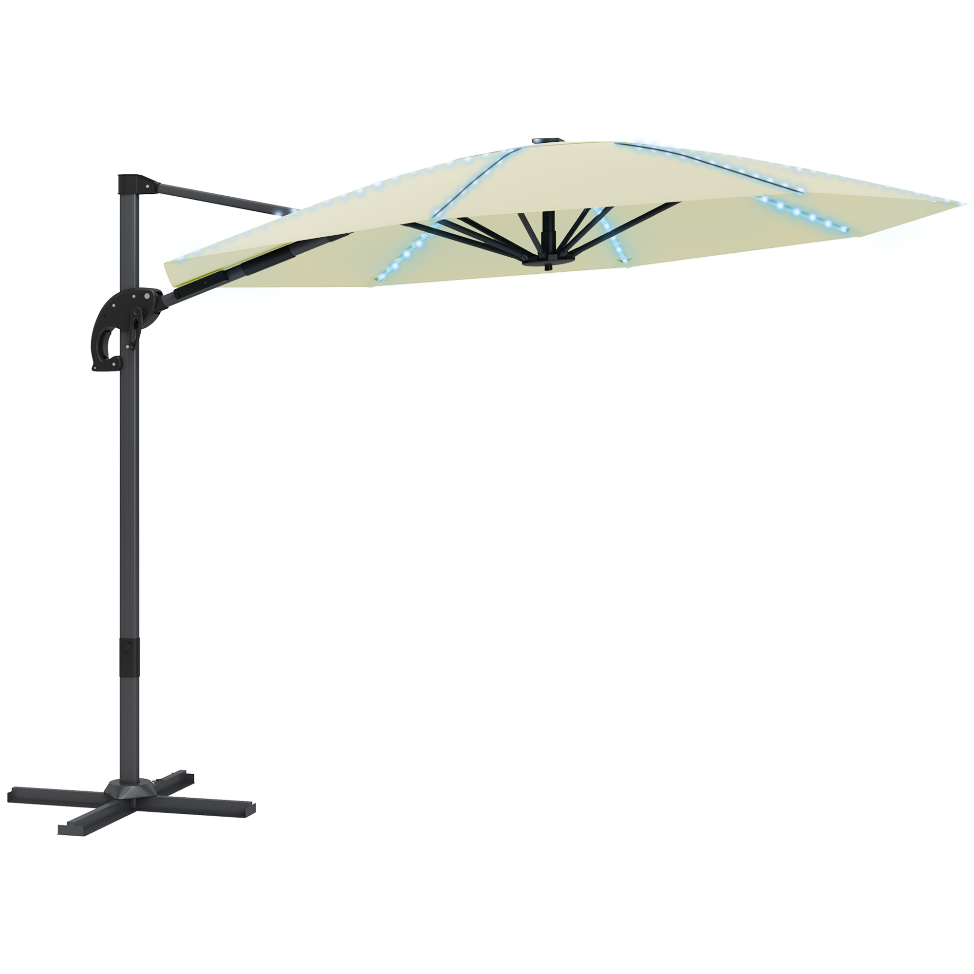 Outsunny 3(m) Cantilever Garden Parasol with Solar Powered Lights, Crank Handle & Cross Base, UPF 50+, 360° Rotation, Cream