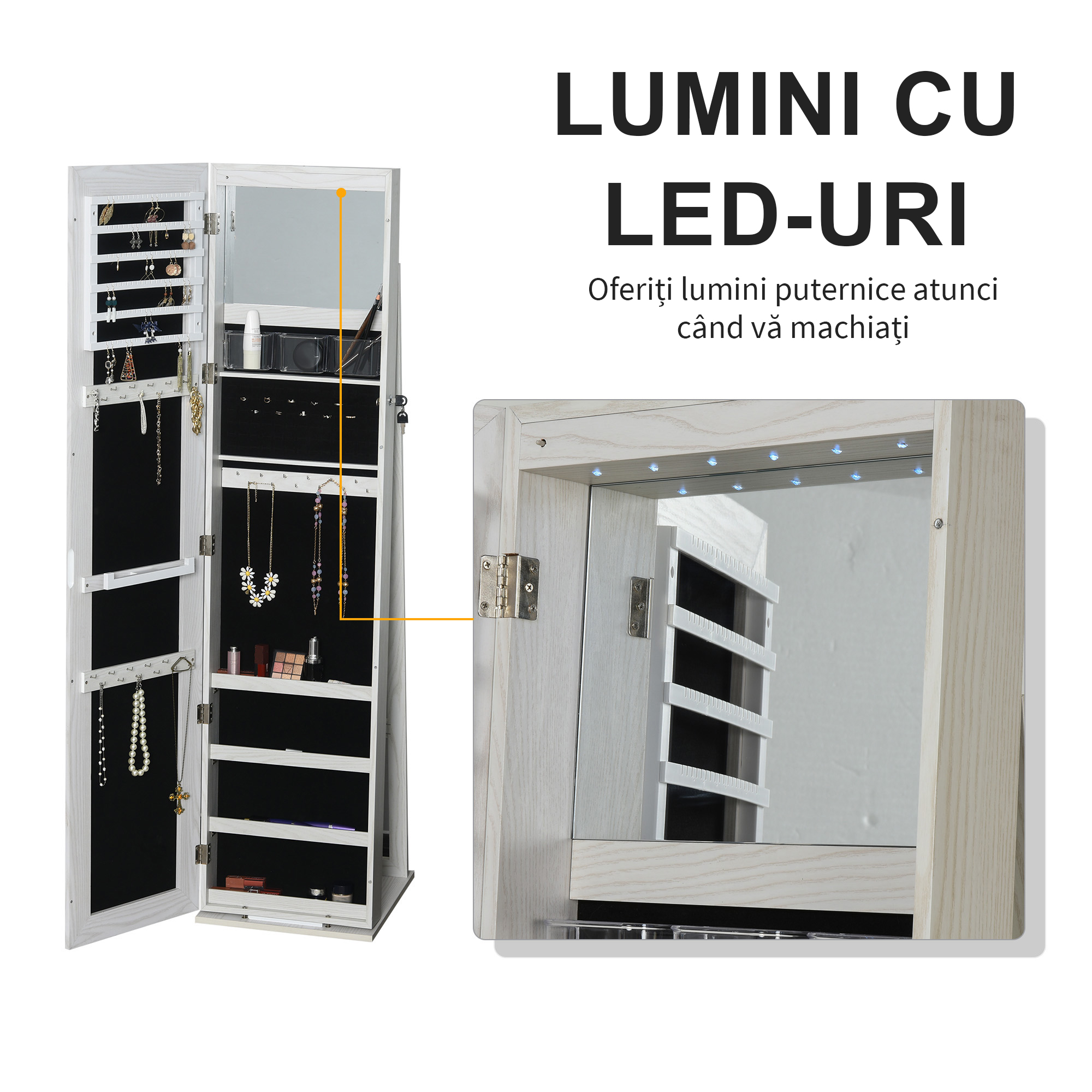  Oglinda-Portbijuterii LED cu 4 Rafturi si Spatii de Depozitare Alb [3]