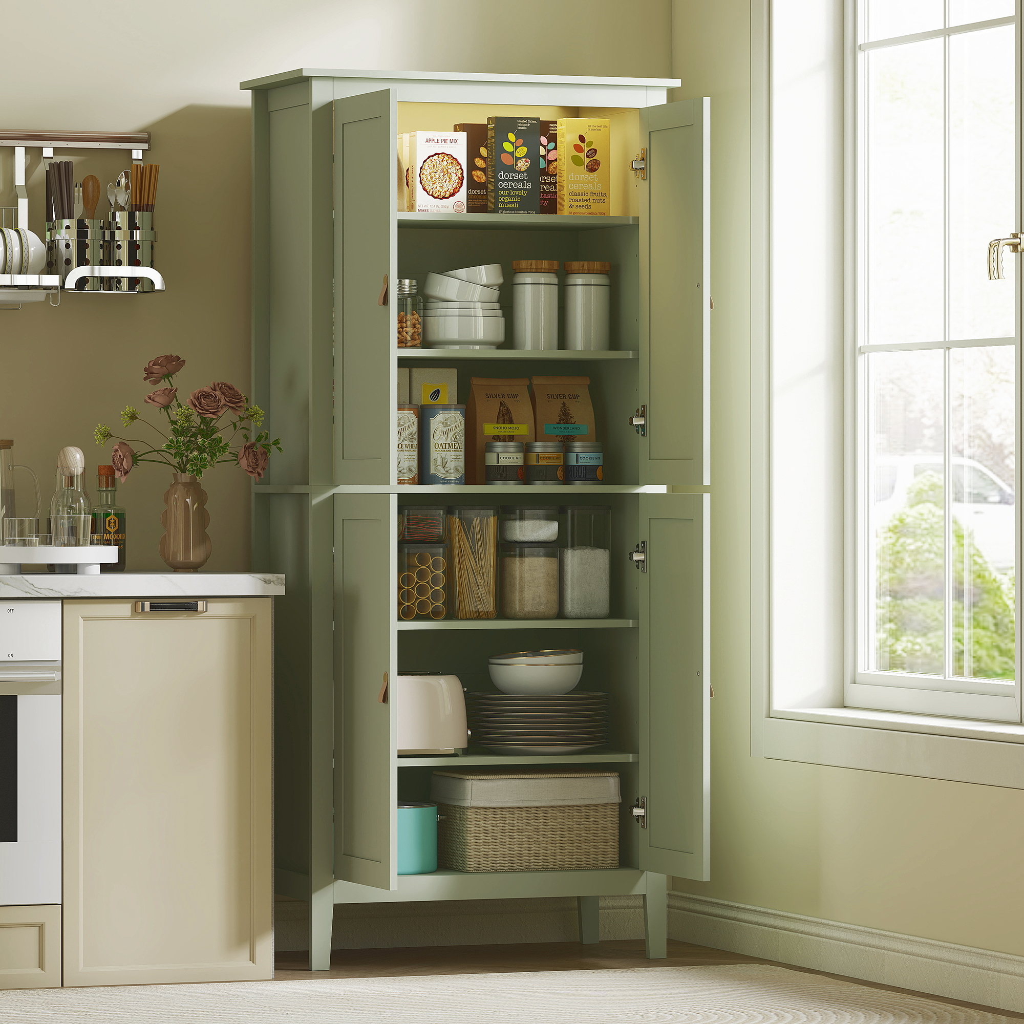 HOMCOM Tall Pantry Cupboard with Motion Sensor LED Light Green 2