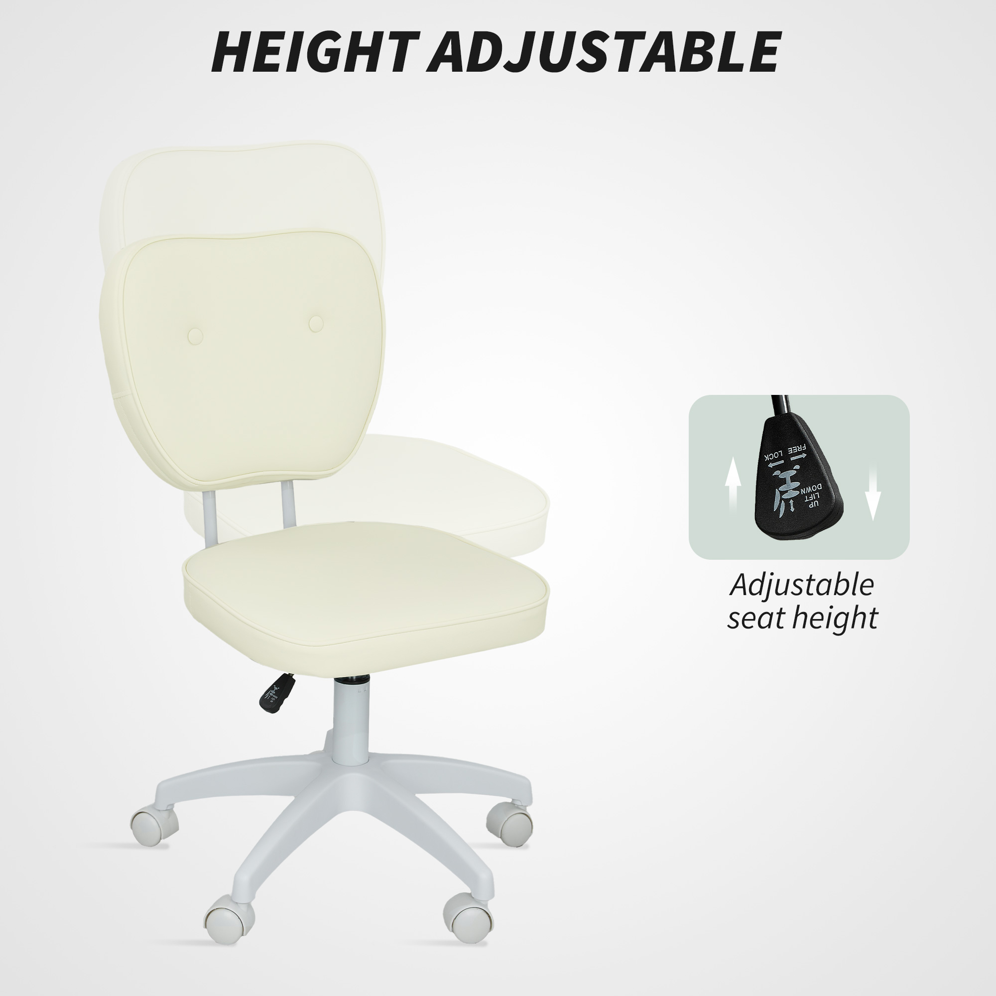 Vinsetto Vanity Office Chair, PU Leather Computer Chair for Home, with Adjustable Height, Armless, Swivel Wheels, Cream 4