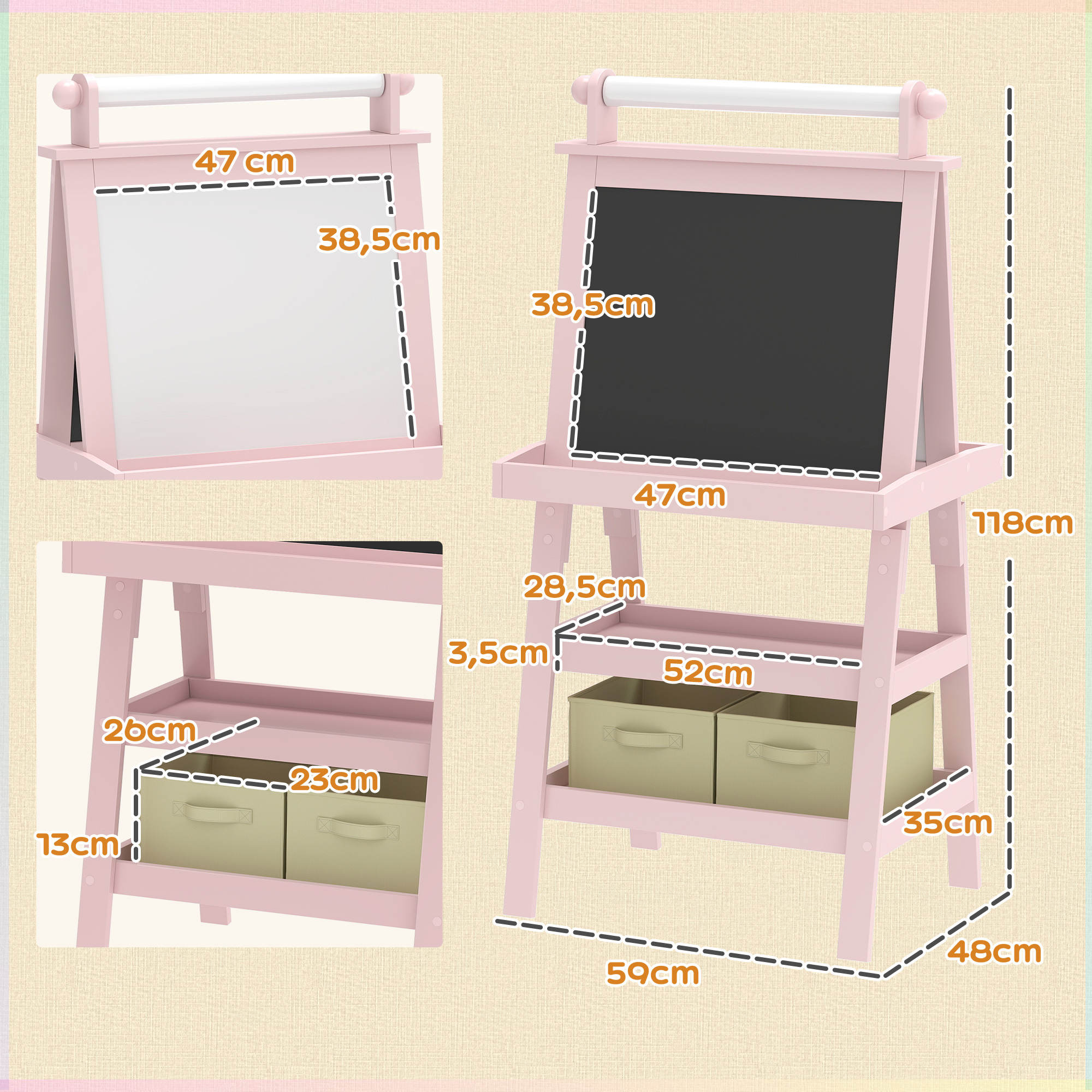 Caballete Infantil Maycoly 3 En 1 – Doble Cara (Pizarra Y Blanca), Altura Ajustable Y Giro 360°, Con Cesta De Almacenamiento, Para Niños Y Niñas