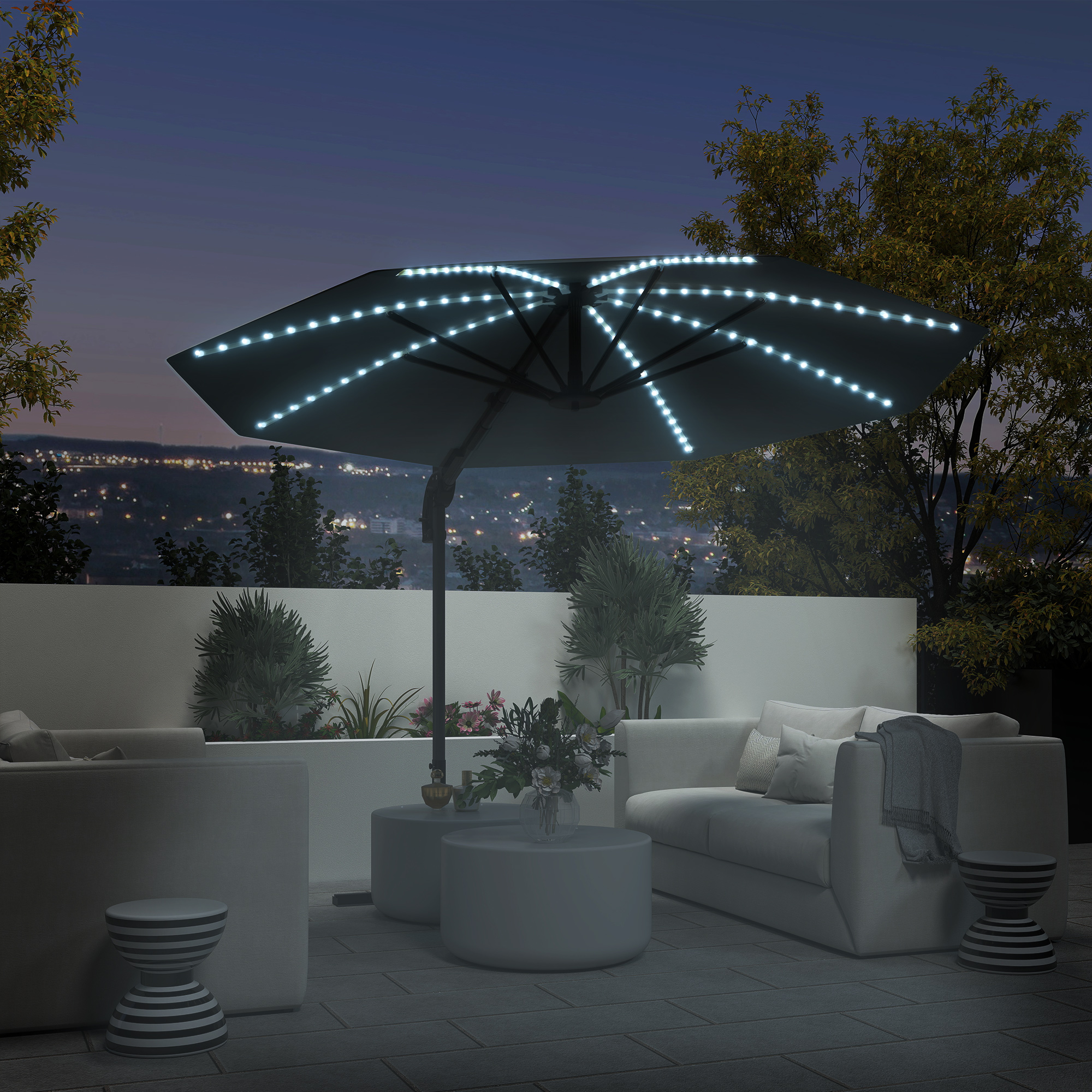 Outsunny 3(m) Cantilever Garden Parasol with Solar Powered Lights, Crank Handle & Cross Base, UPF 50+, 360° Rotation, Dark Grey