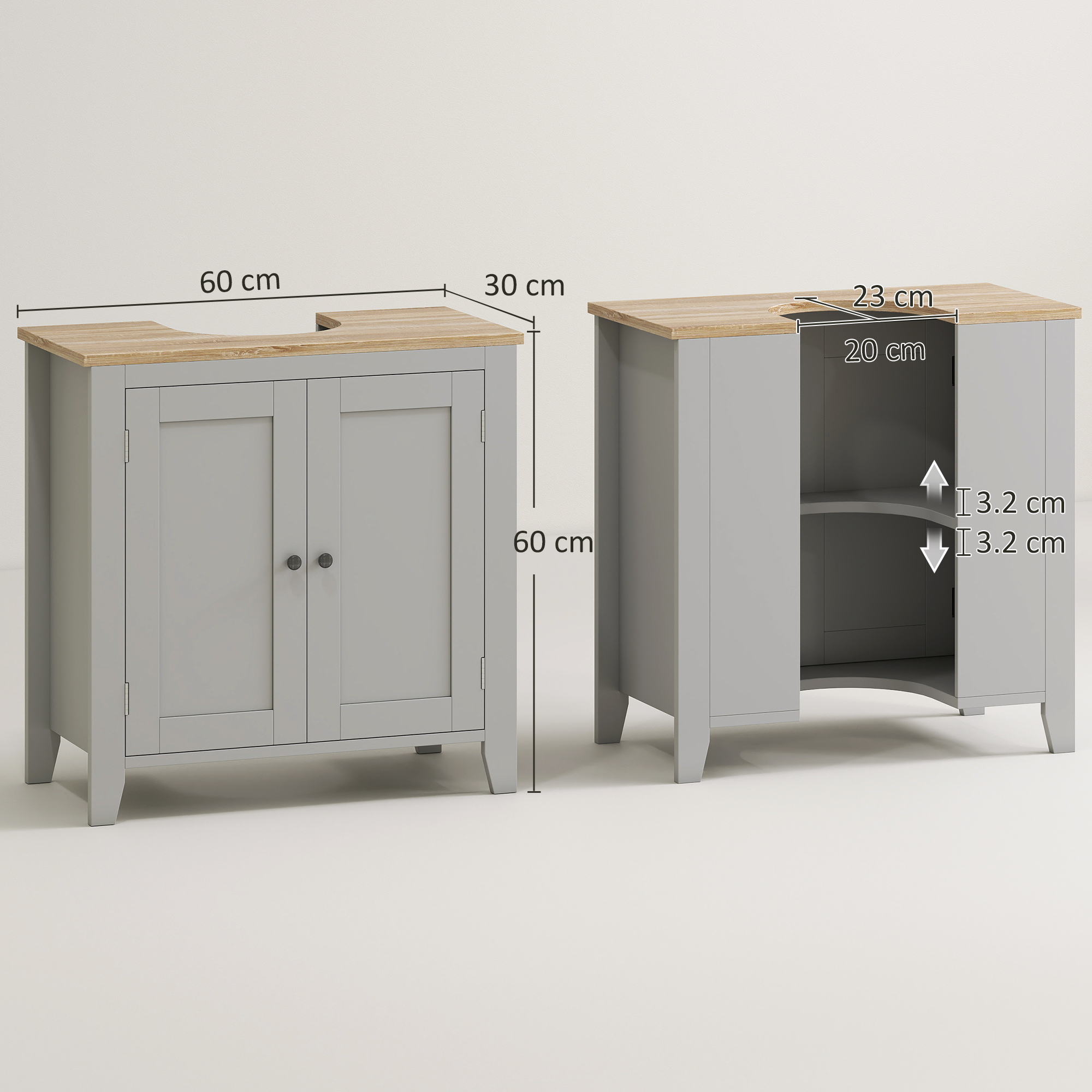 kleankin Under Sink Cabinet, Bathroom Sink Cabinet with 2 Doors, Pedestal Under Sink Design, Freestanding Bathroom Cupboard with Adjustable Shelf, Grey 3