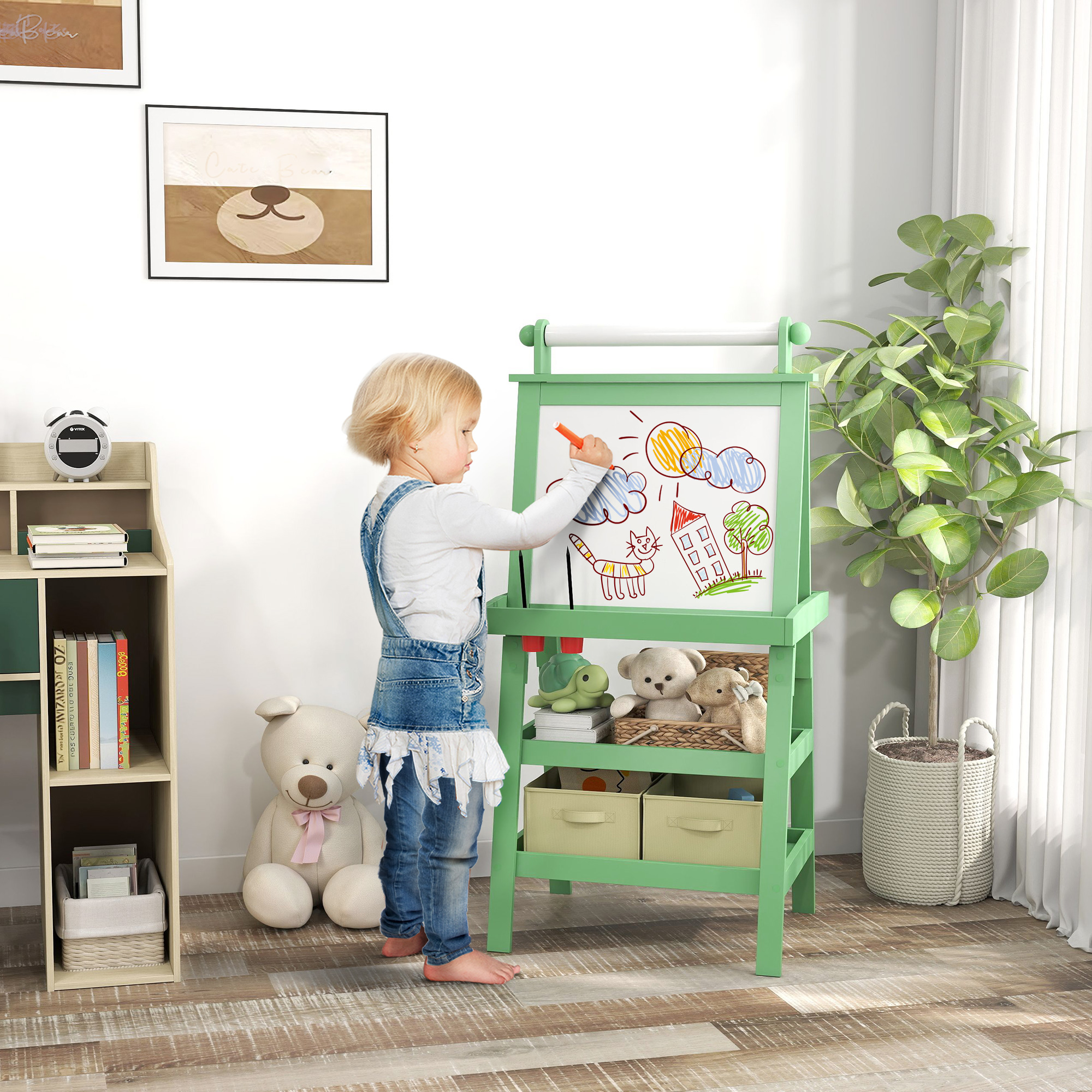 AIYAPLAY Tableau chevalet enfant 3 en 1 tableau double face enfant avec panneau blanc et noir magnétique - rouleau papier 2 paniers rangement intégrés - 3-6 ans en bois gris