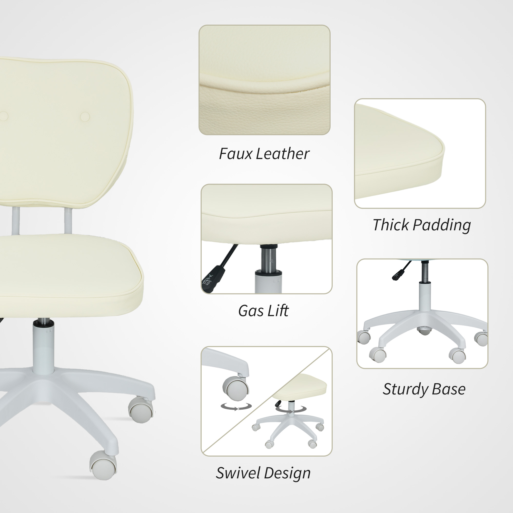 Vinsetto Vanity Office Chair, PU Leather Computer Chair for Home, with Adjustable Height, Armless, Swivel Wheels, Cream 5