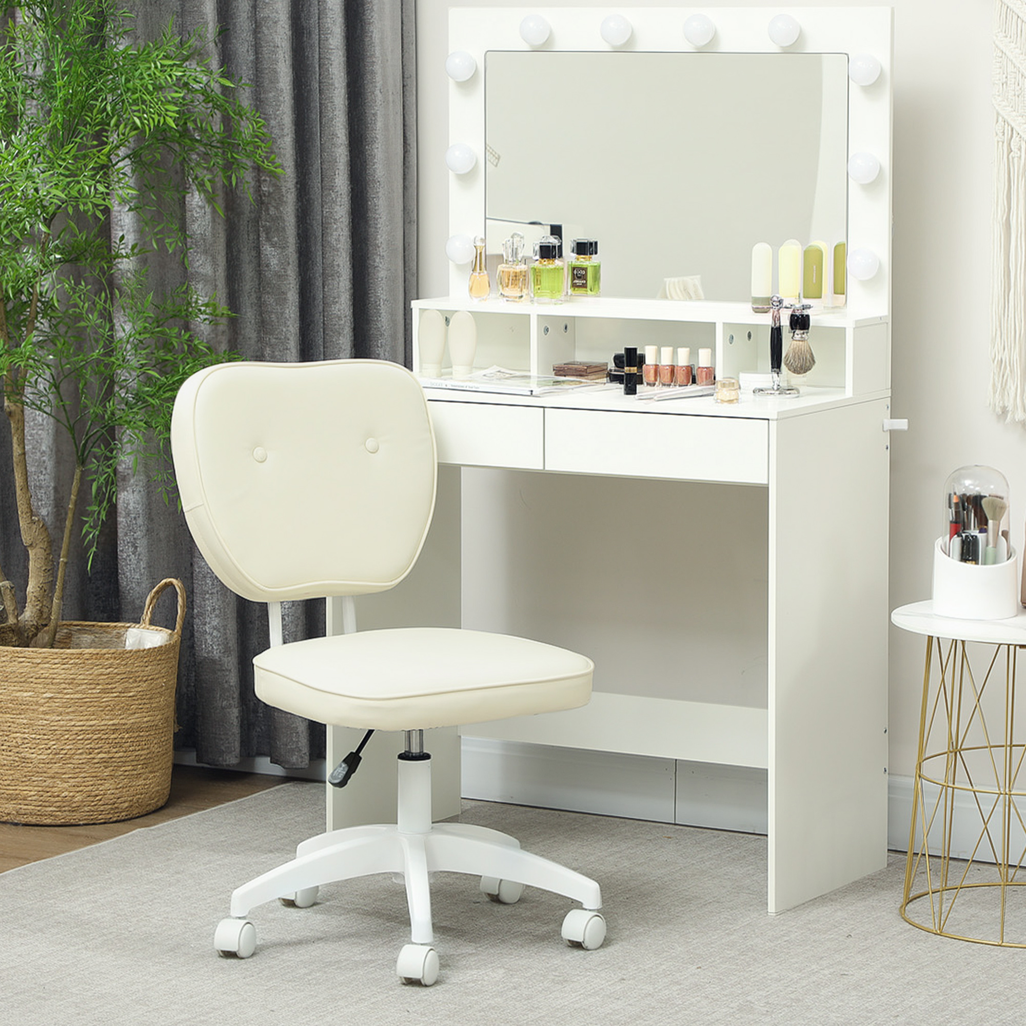 Vinsetto Vanity Office Chair, PU Leather Computer Chair for Home, with Adjustable Height, Armless, Swivel Wheels, Cream 8