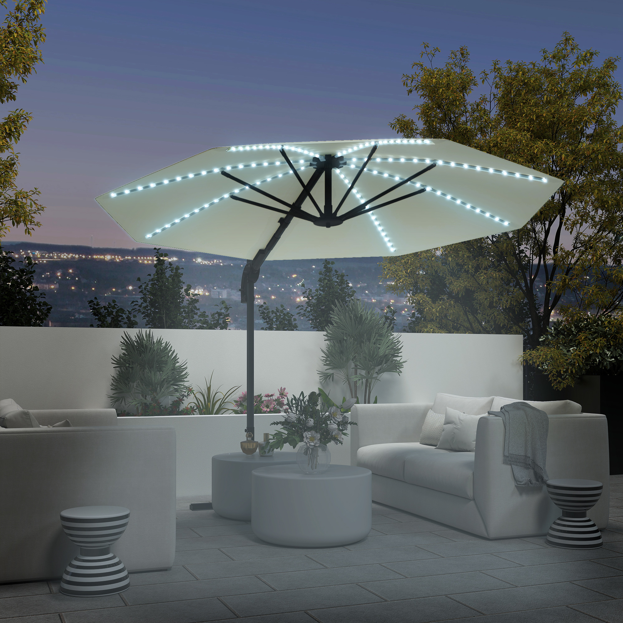 Outsunny 3(m) Cantilever Garden Parasol with Solar Powered Lights, Crank Handle & Cross Base, UPF 50+, 360° Rotation, Cream