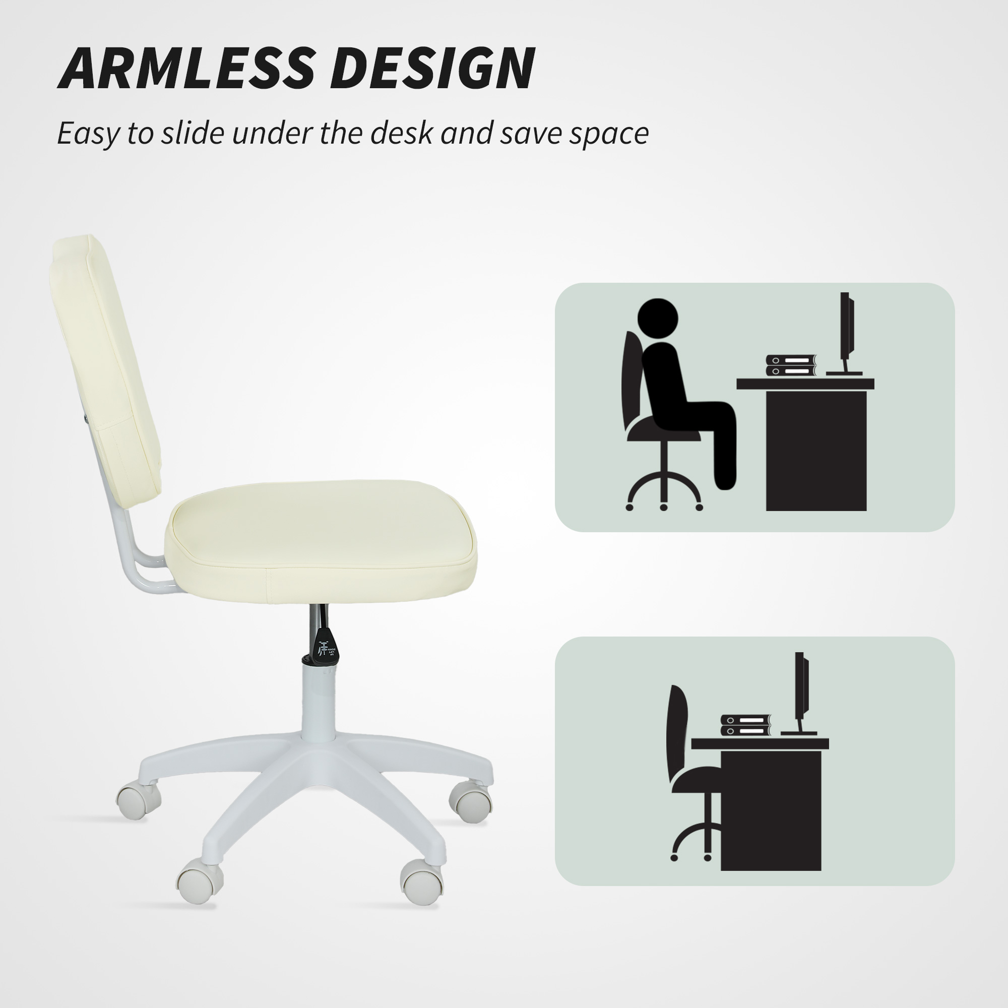 Vinsetto Vanity Office Chair, PU Leather Computer Chair for Home, with Adjustable Height, Armless, Swivel Wheels, Cream 6