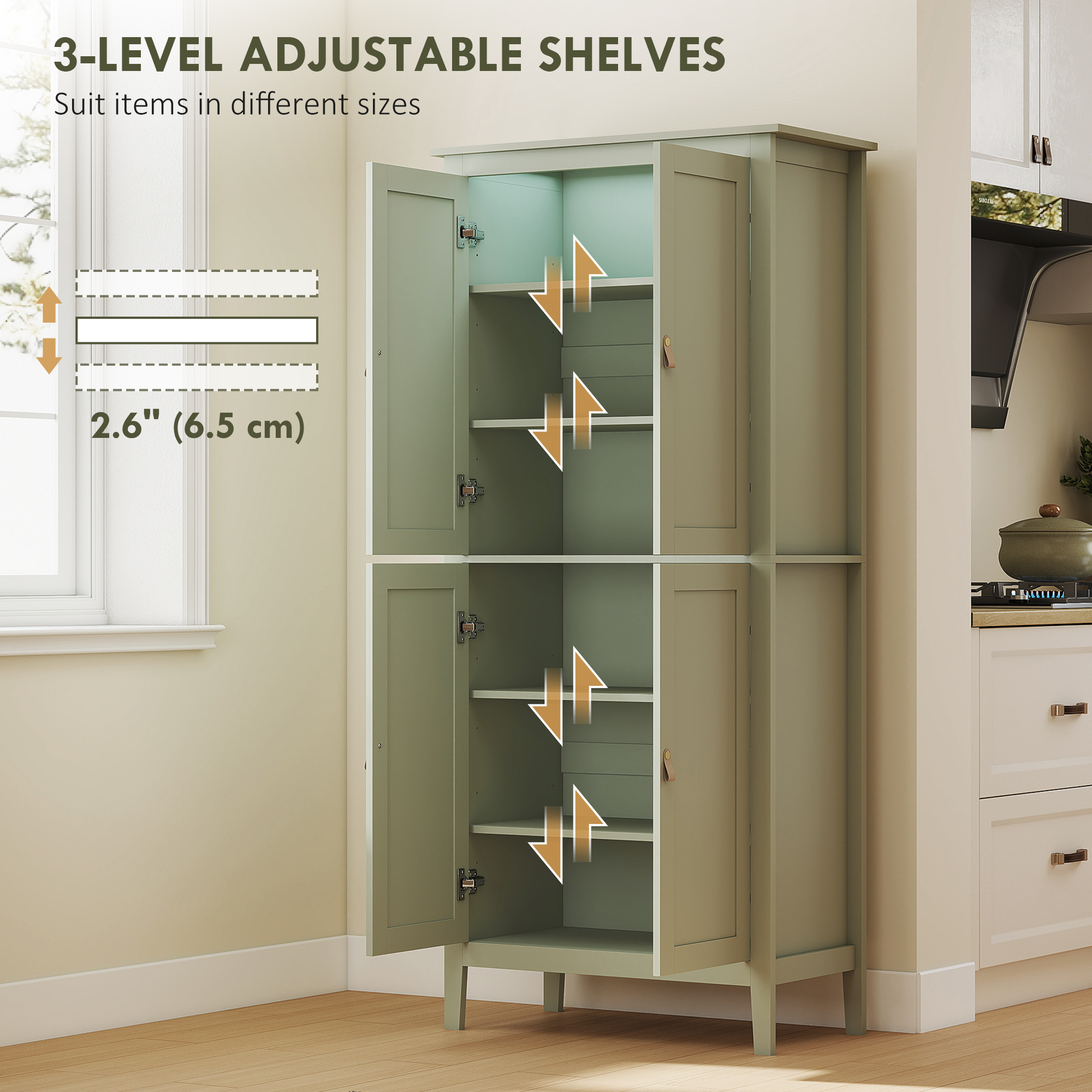 HOMCOM Tall Pantry Cupboard with Motion Sensor LED Light Green 6