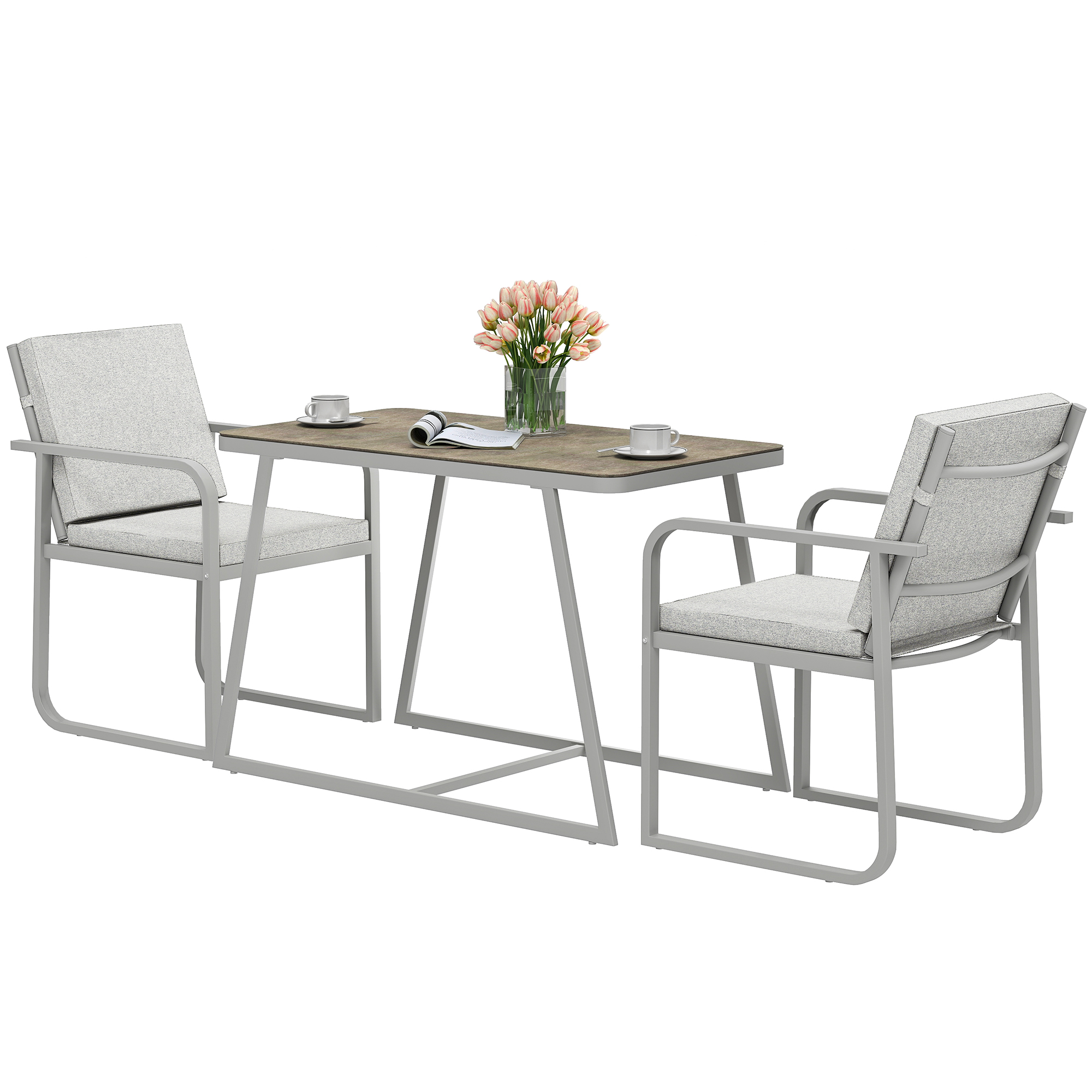 Outsunny Salon de jardin extérieur 2 personnes, table de jardin extérieure avec 2 chaises, 4 coussins cadre en acier gris