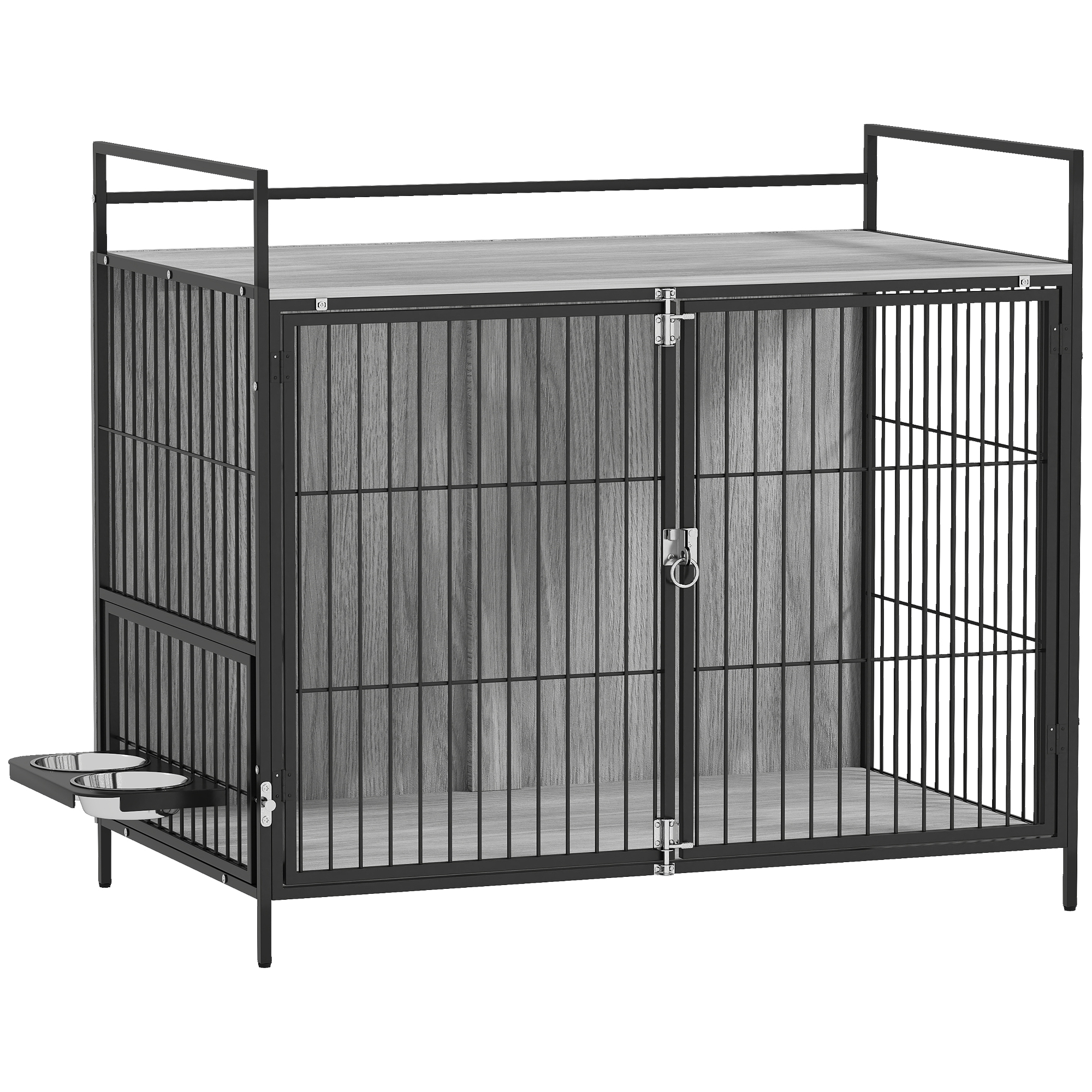 PawHut Dog Crate Furniture with Rotating Bowl Holder, 2 Bowls, 2 Doors, for Medium Dogs, 80 x 56 x 76.5 cm, Grey