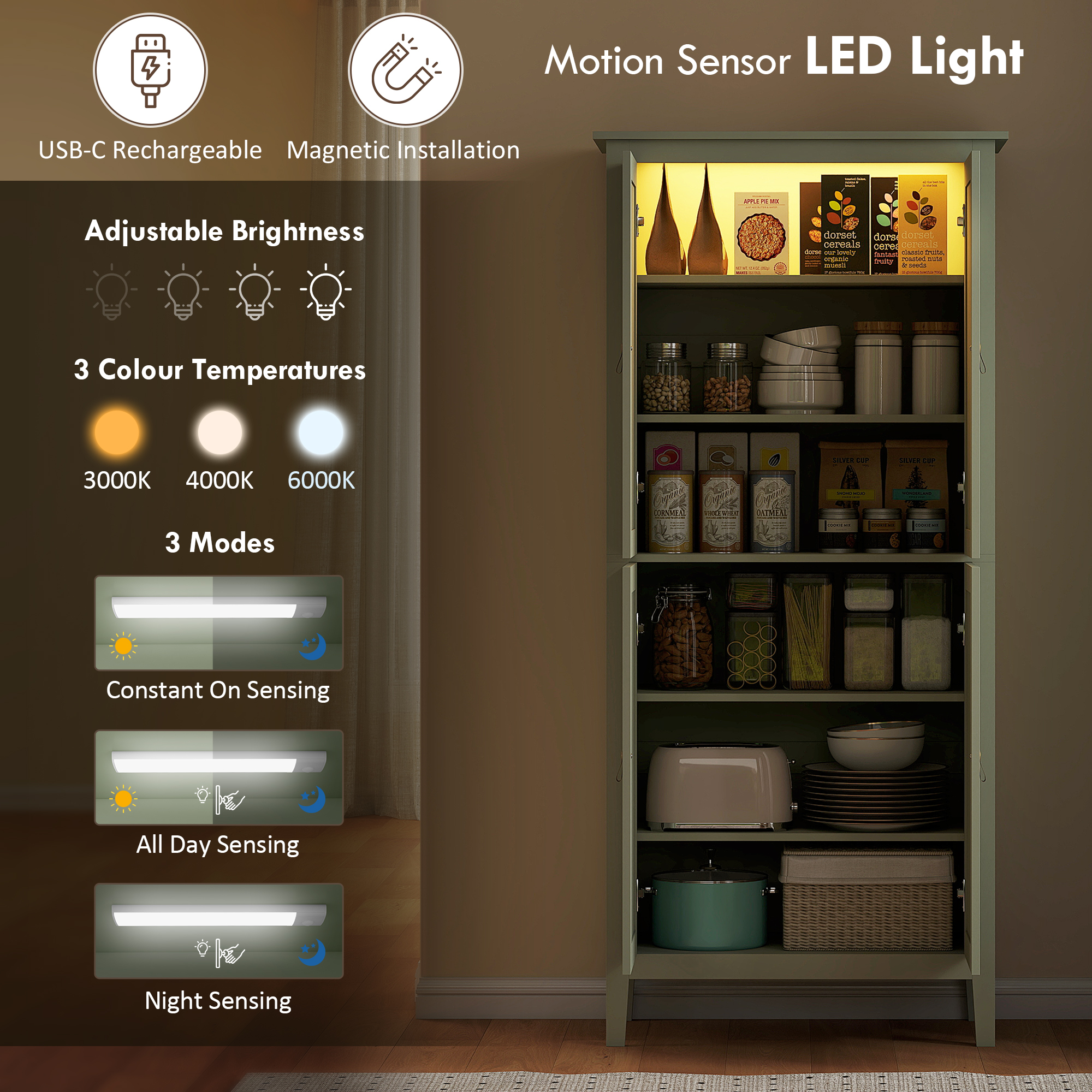 HOMCOM Tall Pantry Cupboard with Motion Sensor LED Light Green 4