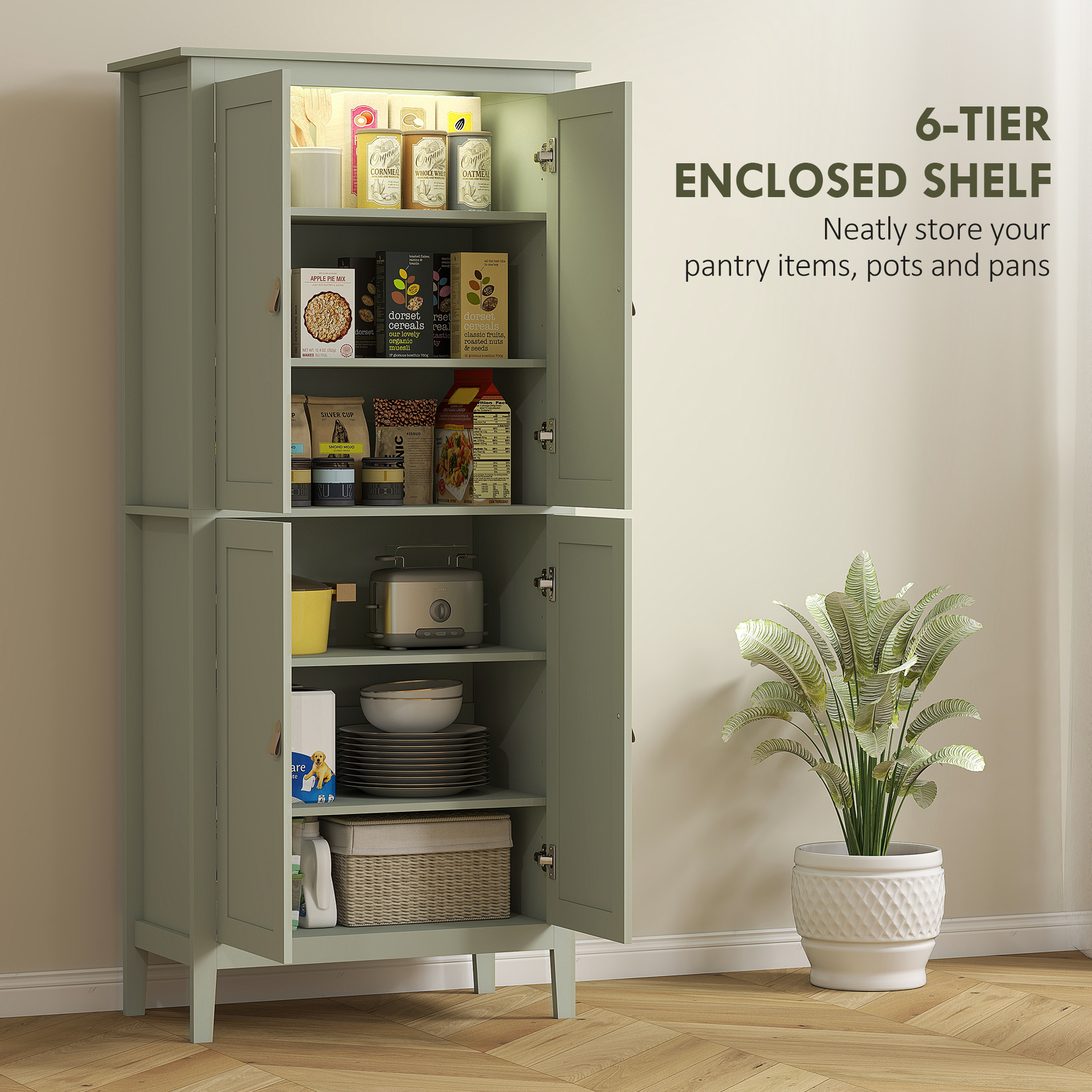 HOMCOM Tall Pantry Cupboard with Motion Sensor LED Light Green 5