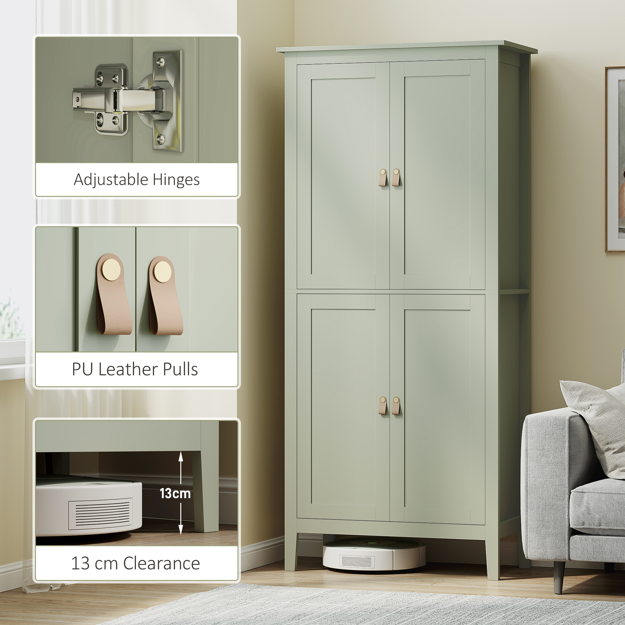 HOMCOM Tall Pantry Cupboard with Motion Sensor LED Light Green 8