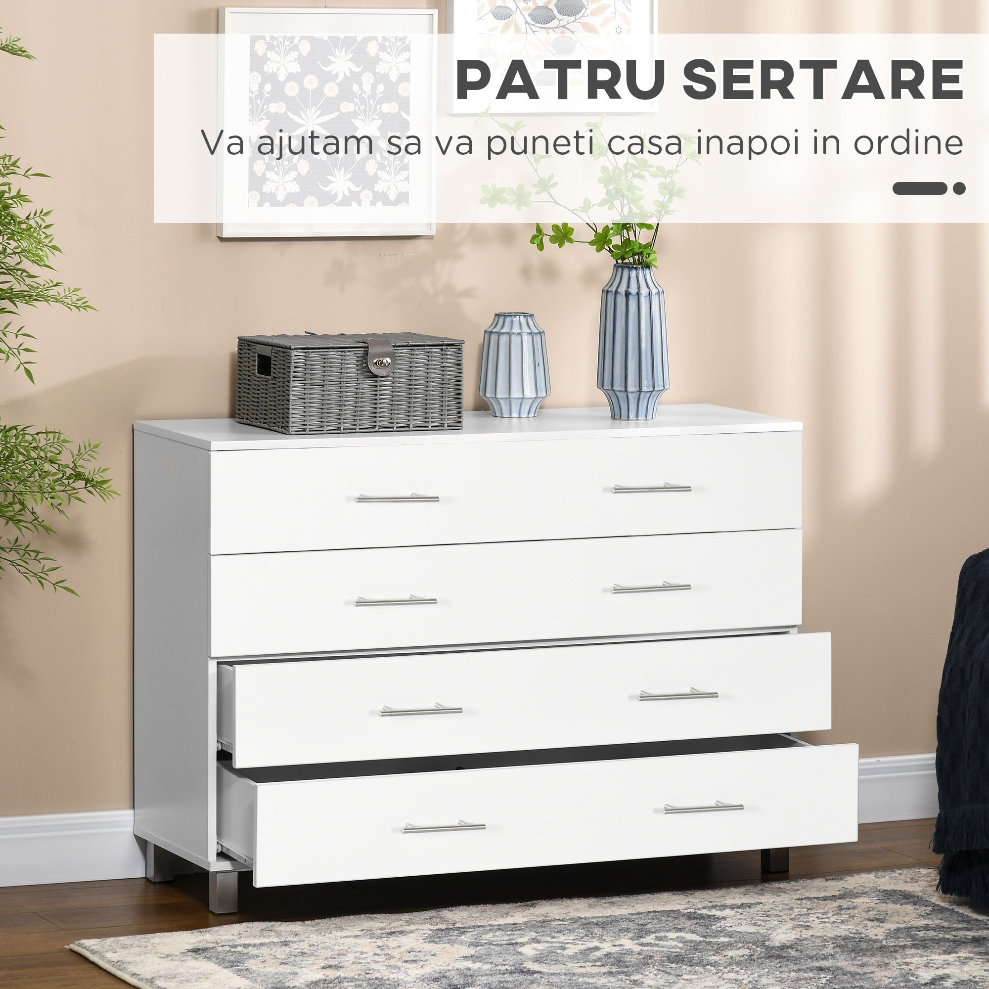  Comoda Alba 112×38,2×81 cm - 4 Sertare cu Detalii Metalice [4]