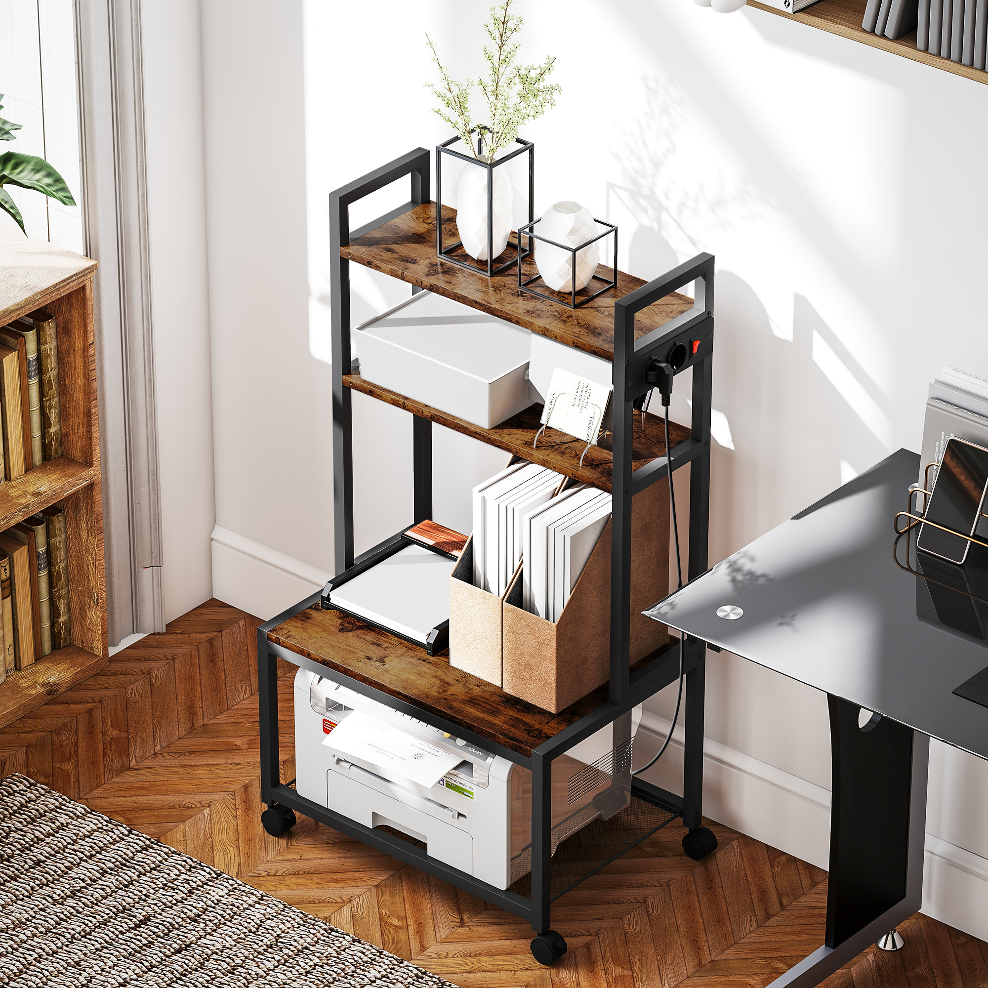 Carrello Porta Stampante A 3 Ripiani HOMCOM – Con Ruote Con Freno, Salvaspazio, Acciaio E Legno, Per Casa E Ufficio (Nero, 50x50x52.5cm)