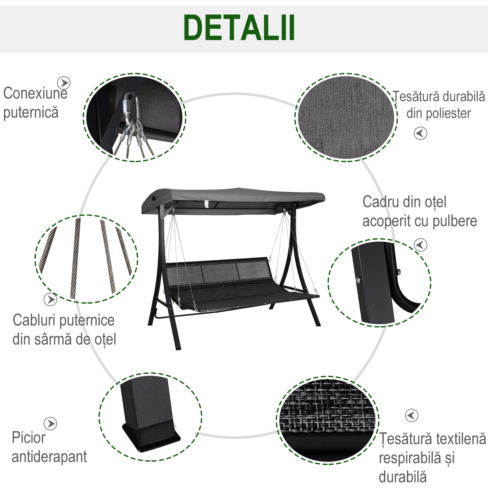  Balansoar cu 3 Scaune din Material Textil cu Perne si Acoperis Reglabil, Gri, 200x115x168 cm [5]