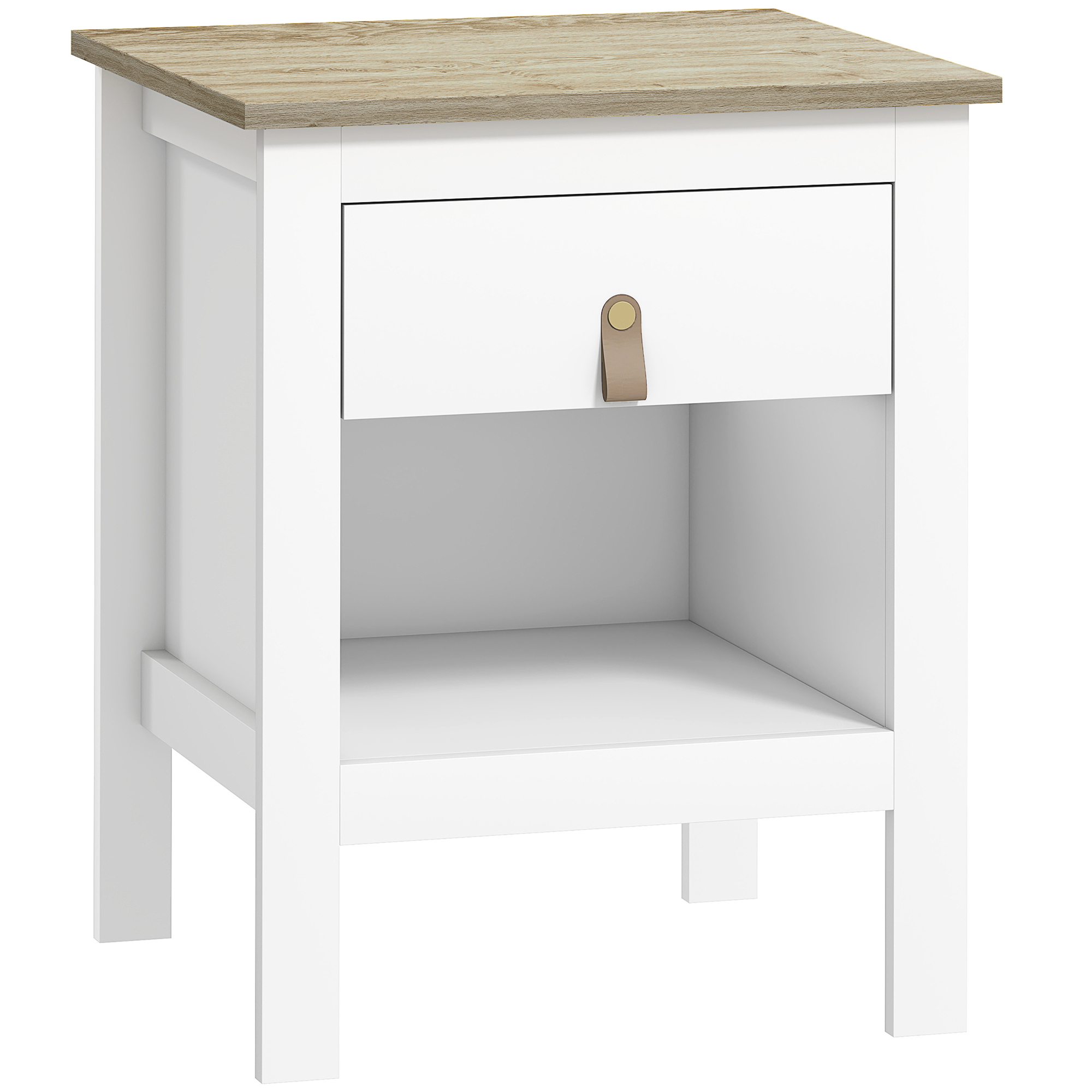 HOMCOM Mesilla de Noche con 1 Cajón Compartimento Abierto Tirador de PU Mesa Auxiliar para Salón Dormitorio 45x40x55 cm Blanco