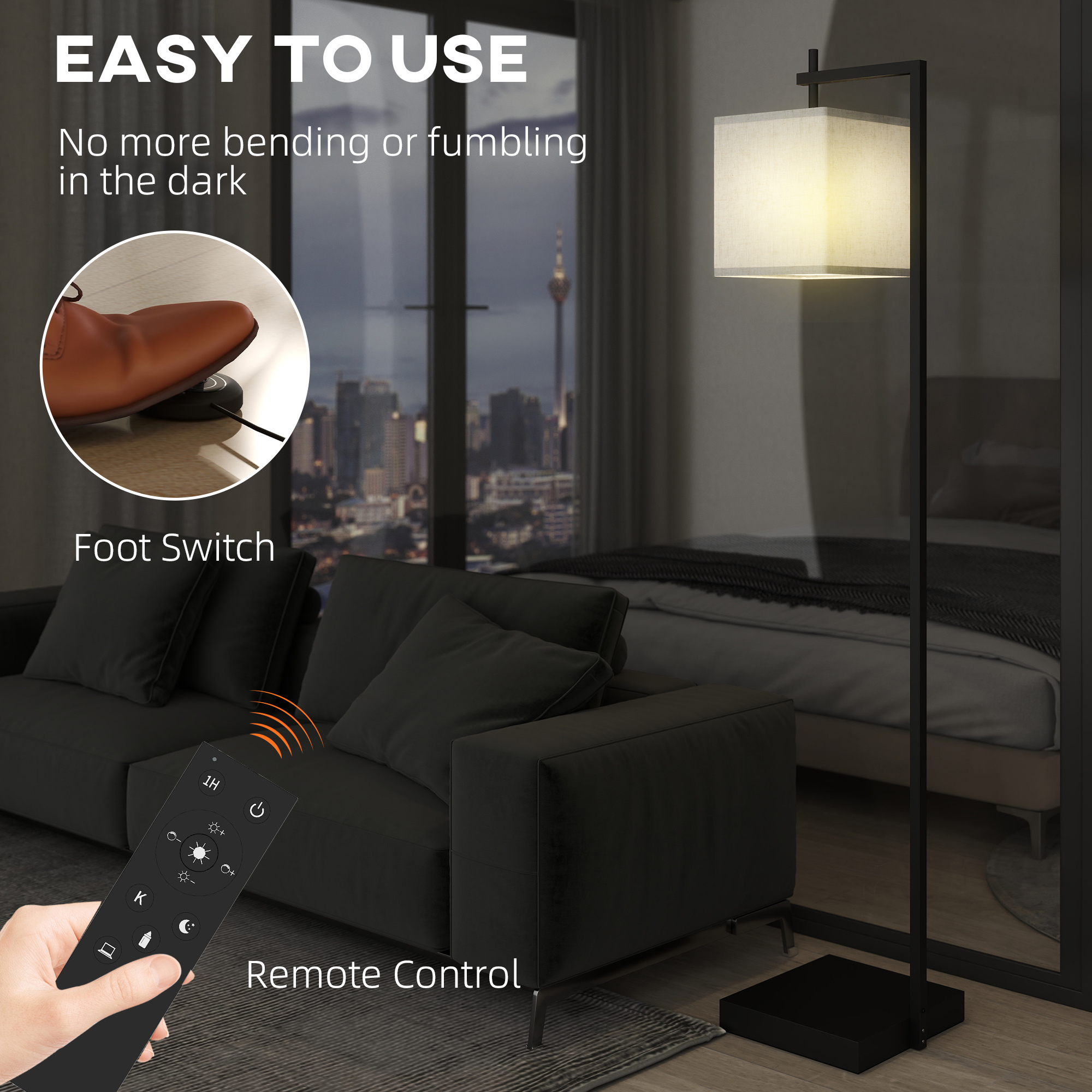 HOMCOM Floor Lamp for Living Room, 66" Modern Tall Standing Lamp with Adjustable Colour Temperatures & 10 Brightness Levels, Remote Control and Foot Switch for Bedroom Office, 9W LED Bulb Included 7