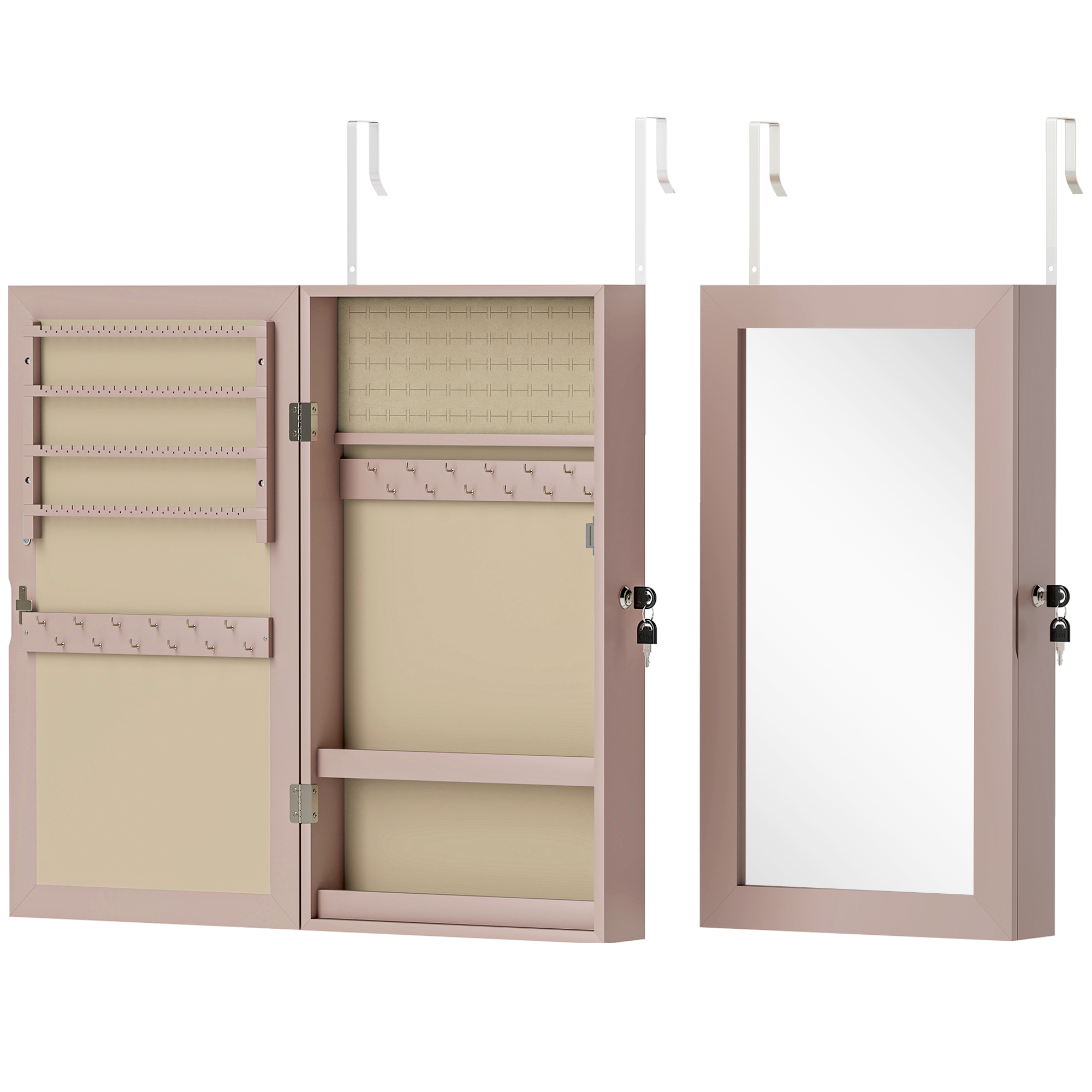 HOMCOM Espejo Joyero de Pared con Cerradura y Varios Compartimentos Montar en Pared o Puerta Rosa y Forro Beige