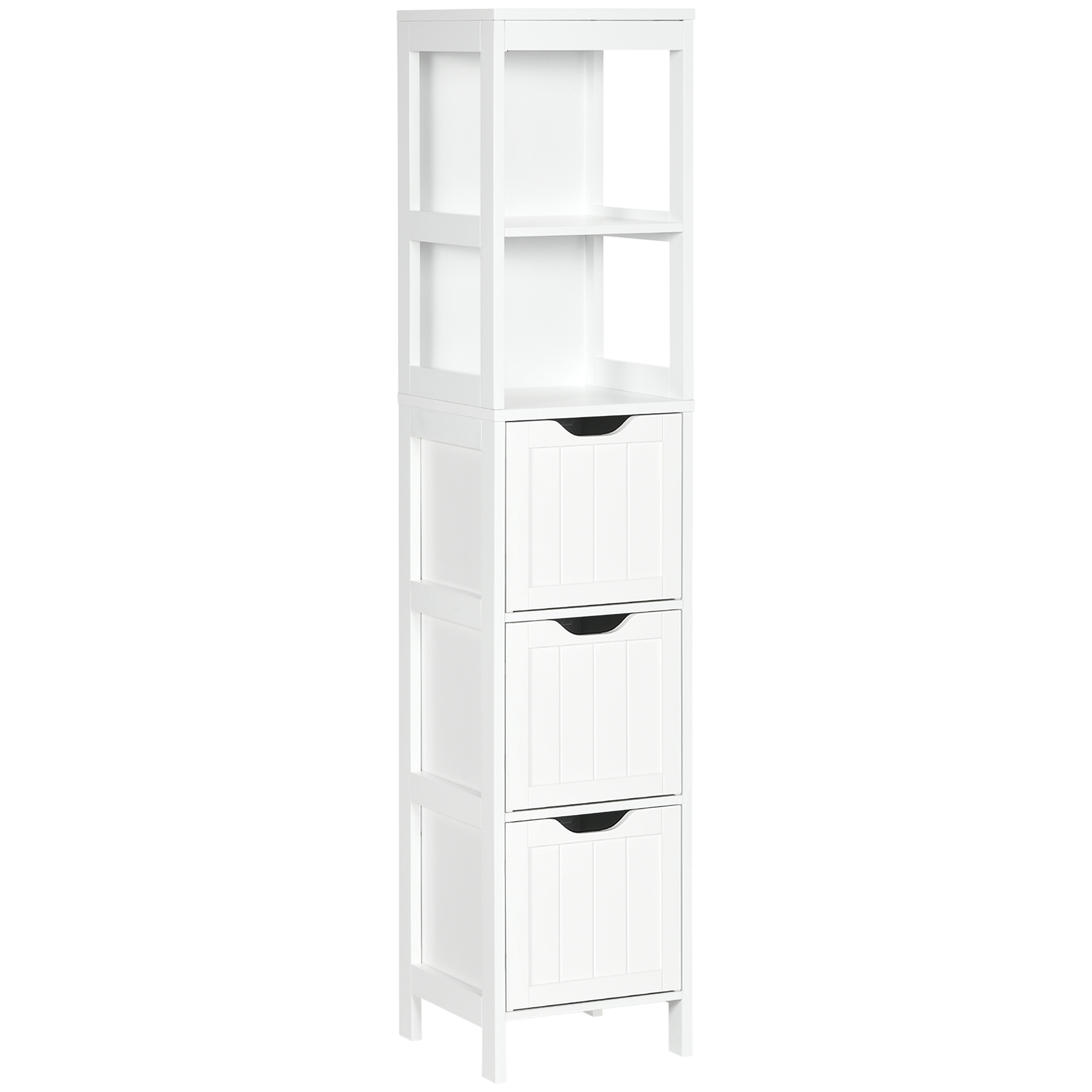 HOMCOM Armario Alto de Baño Estrecho con 3 Cajones y 2 Estantes Abiertos Estilo Moderno 30x30x141,6 cm Blanco