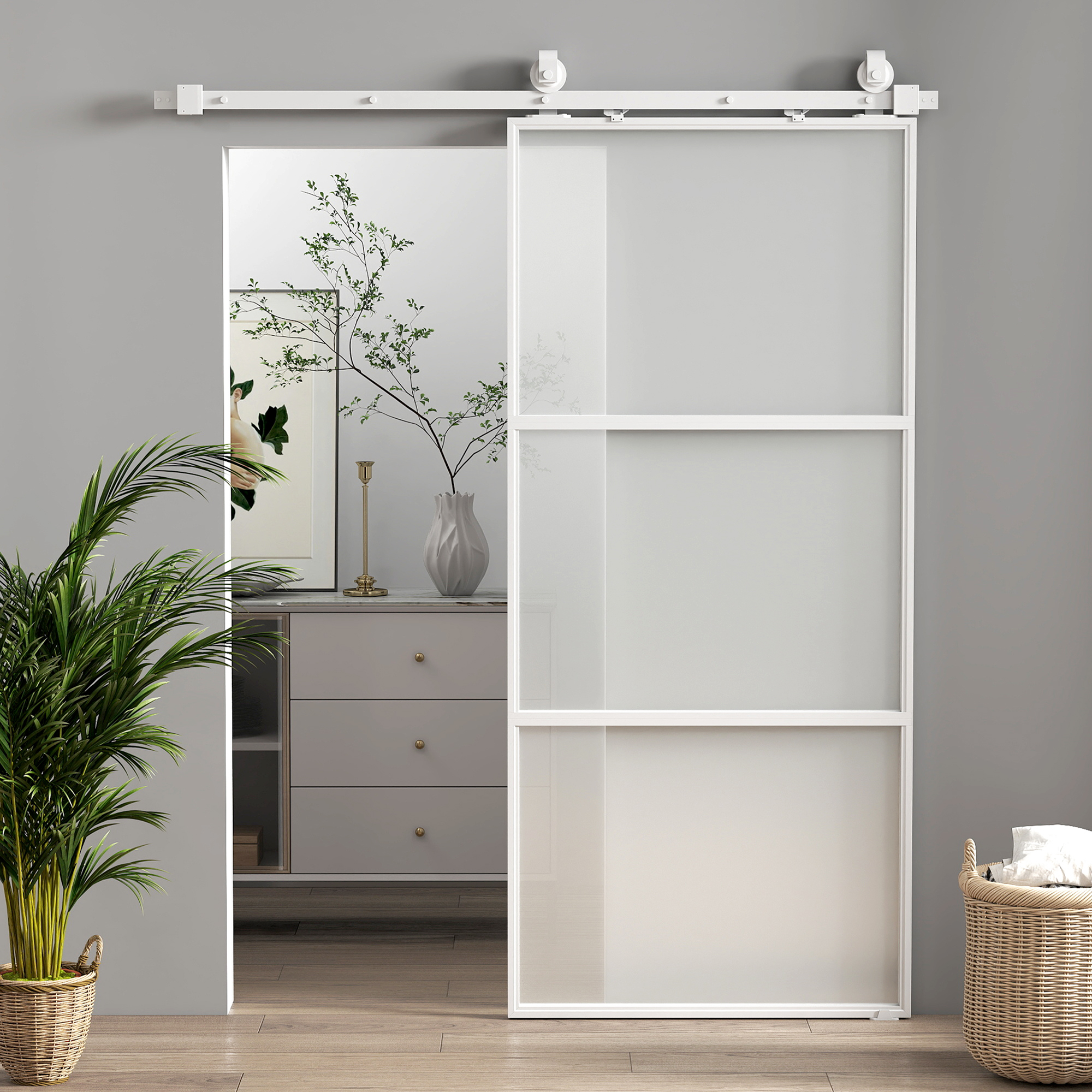 HOMCOM Puerta Corredera de Cristal con Herrajes Mecanismo Cierre Suave para Baño Salón 91,4x203,2 cm Blanco