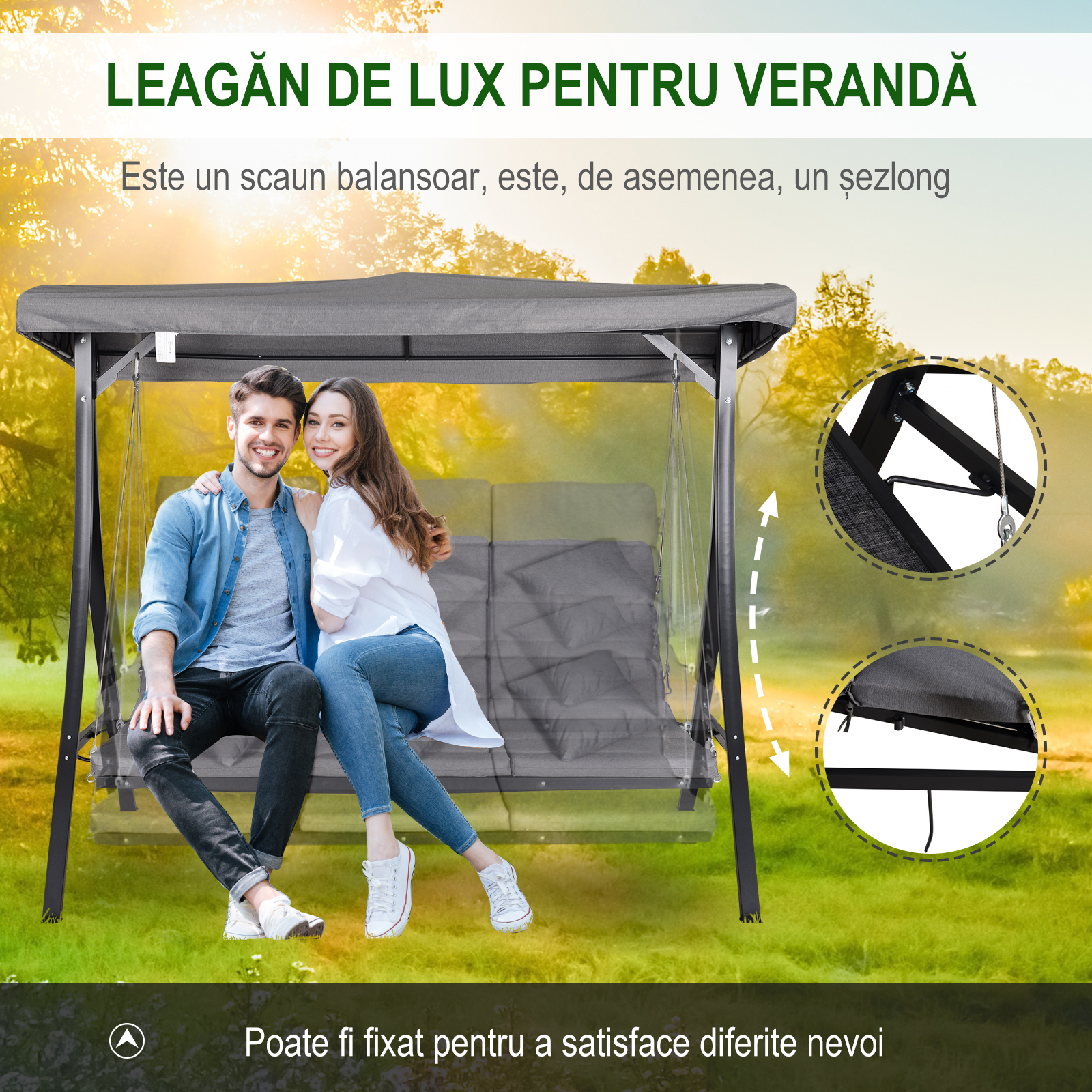  Balansoar cu 3 Scaune din Material Textil cu Perne si Acoperis Reglabil, Gri, 200x115x168 cm [4]