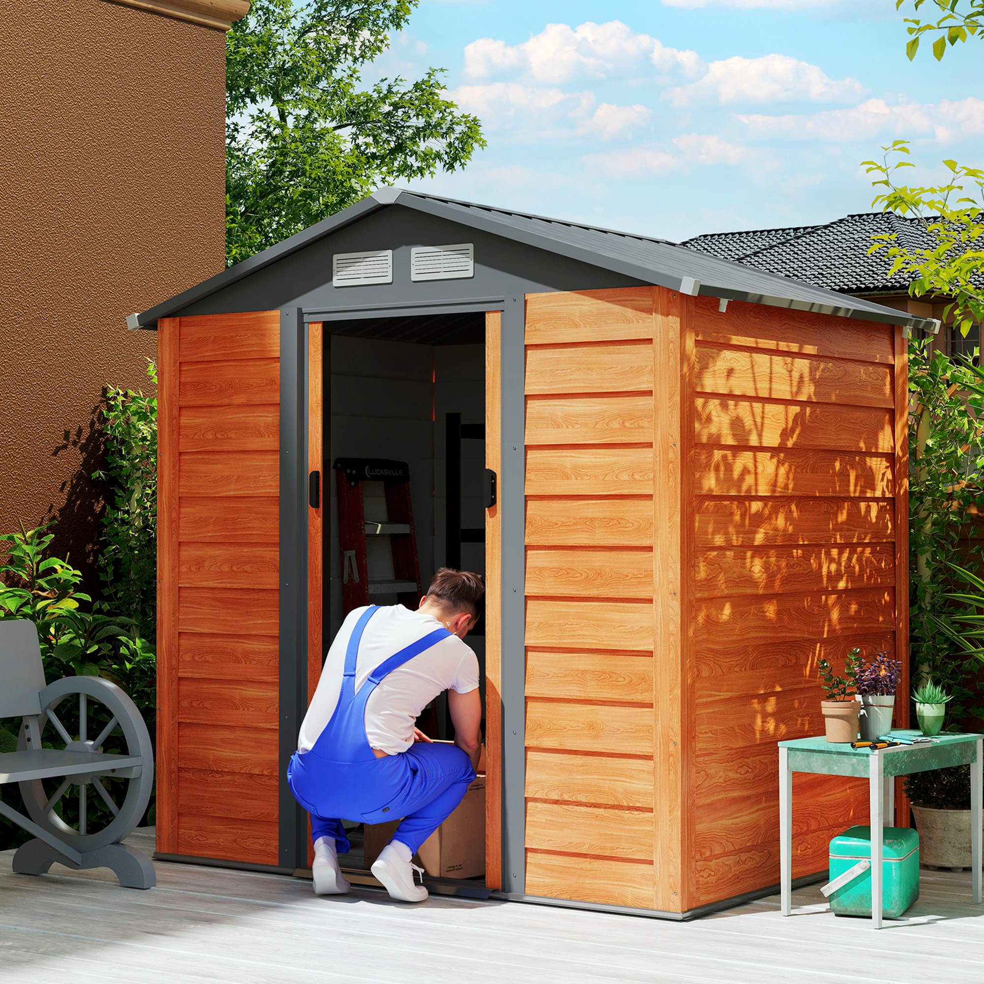 Outsunny 6.5 x 5ft Metal Garden Shed, House Hut Gardening Tool Storage with Ventilations, Sliding Door, Sloped Roof for Garden, Patio, Brown 2