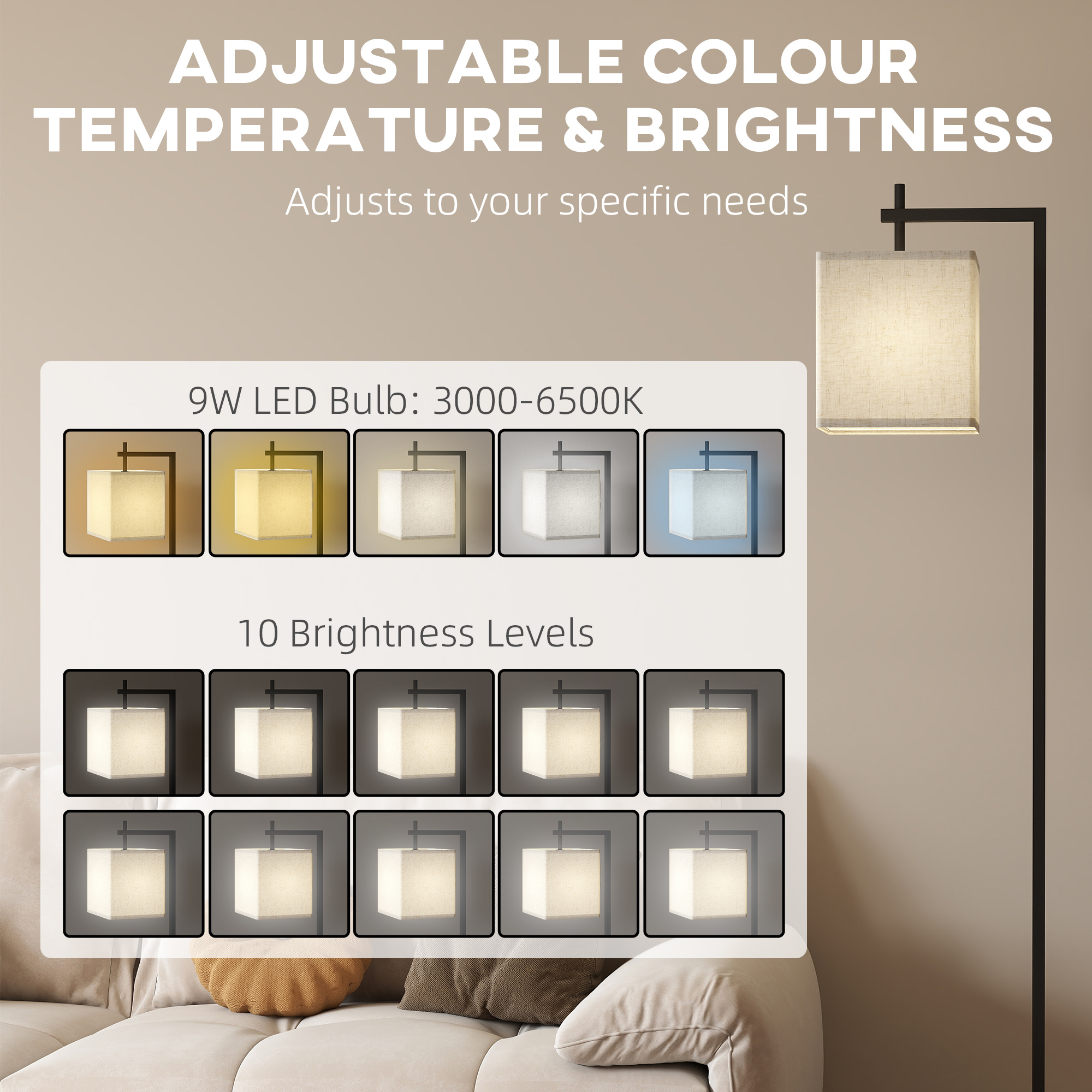 HOMCOM Floor Lamp for Living Room, 66" Modern Tall Standing Lamp with Adjustable Colour Temperatures & 10 Brightness Levels, Remote Control and Foot Switch for Bedroom Office, 9W LED Bulb Included 6