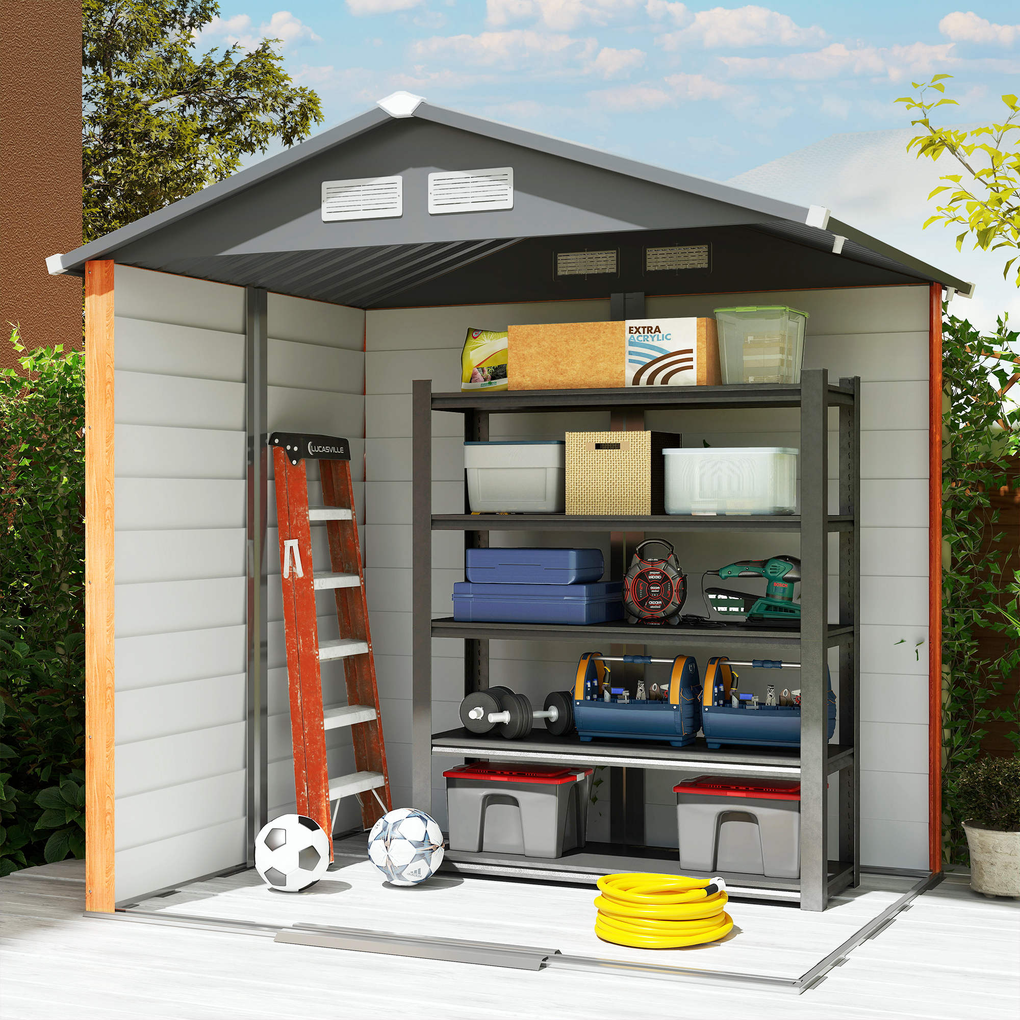 Outsunny 6.5 x 5ft Metal Garden Shed, House Hut Gardening Tool Storage with Ventilations, Sliding Door, Sloped Roof for Garden, Patio, Brown 9