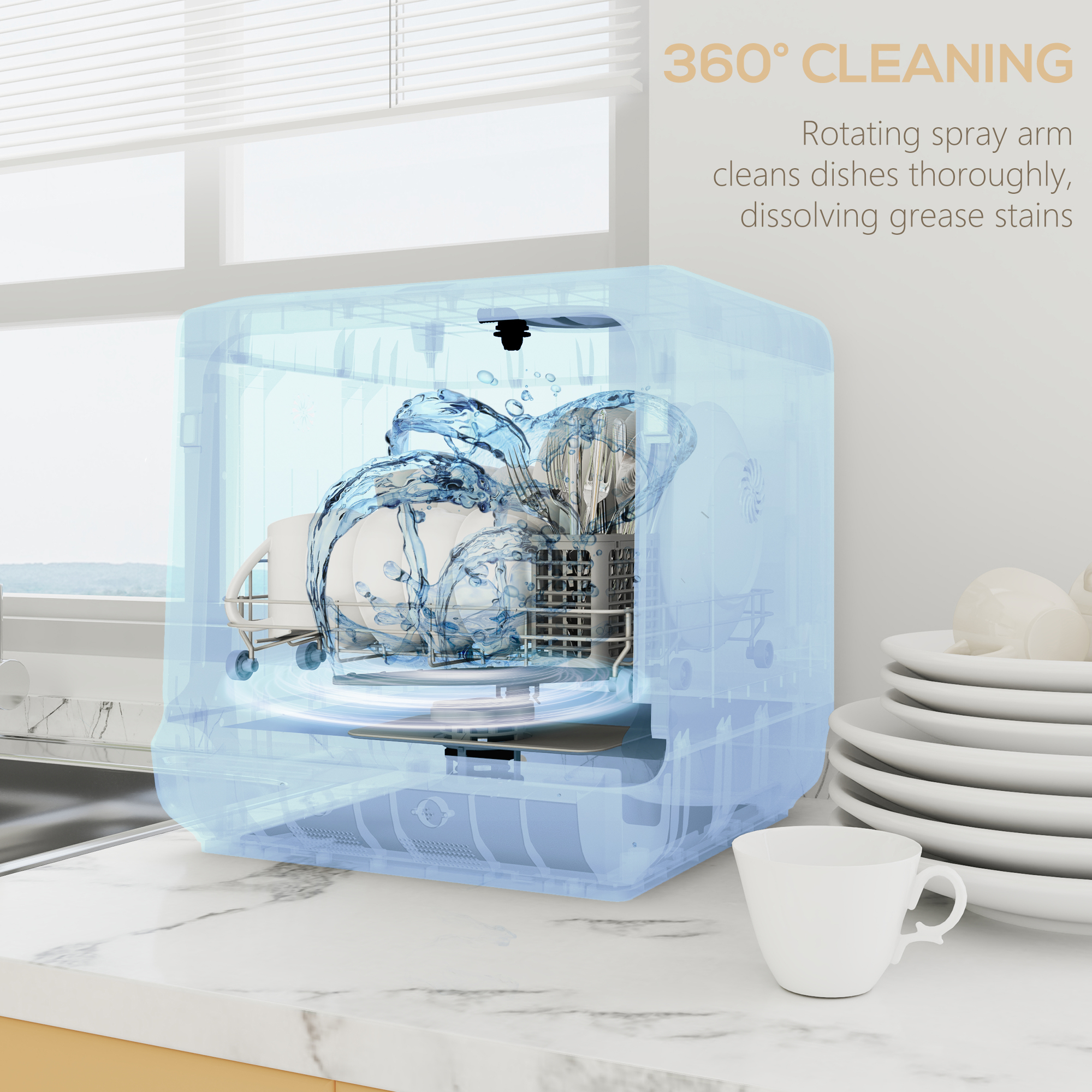 HOMCOM Table Top Dishwasher with Built-in 6L Water Tank, Mini Countertop Dishwasher with 6 Programs, 4 Place Settings, White 7