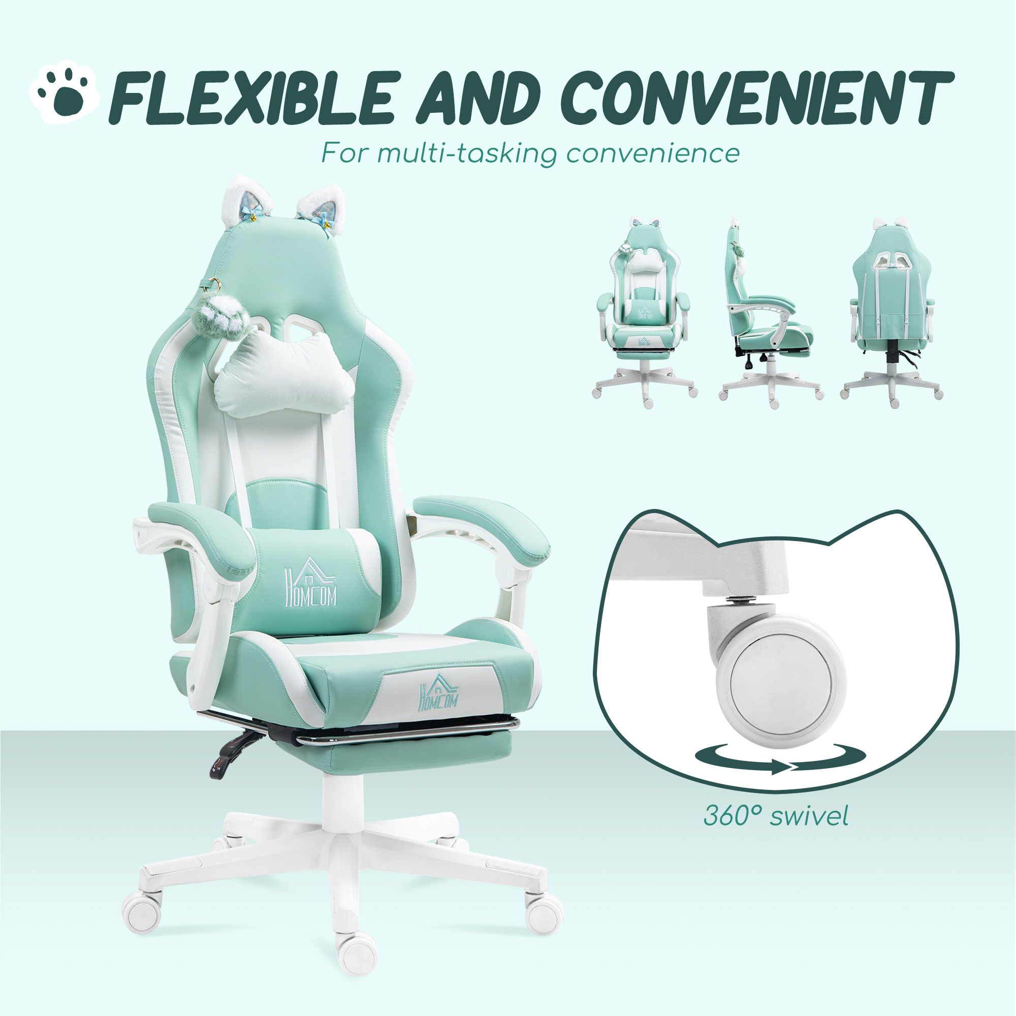 HOMCOM Cat Ear and Paw Reclining Office Chair, with Footrest Light Blue/White 7