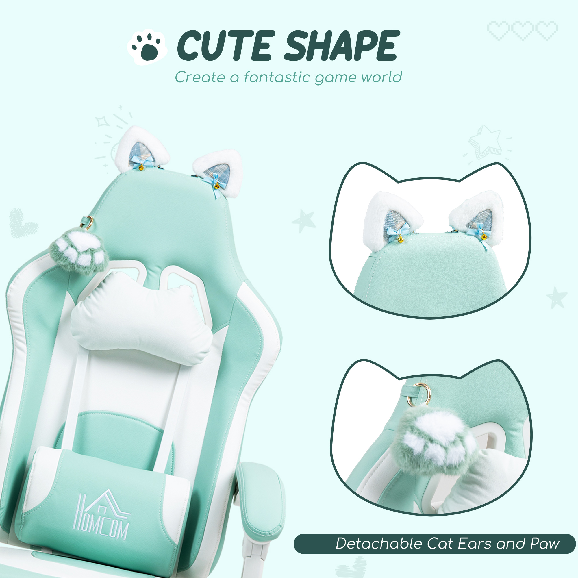 HOMCOM Cat Ear and Paw Reclining Office Chair, with Footrest Light Blue/White 4