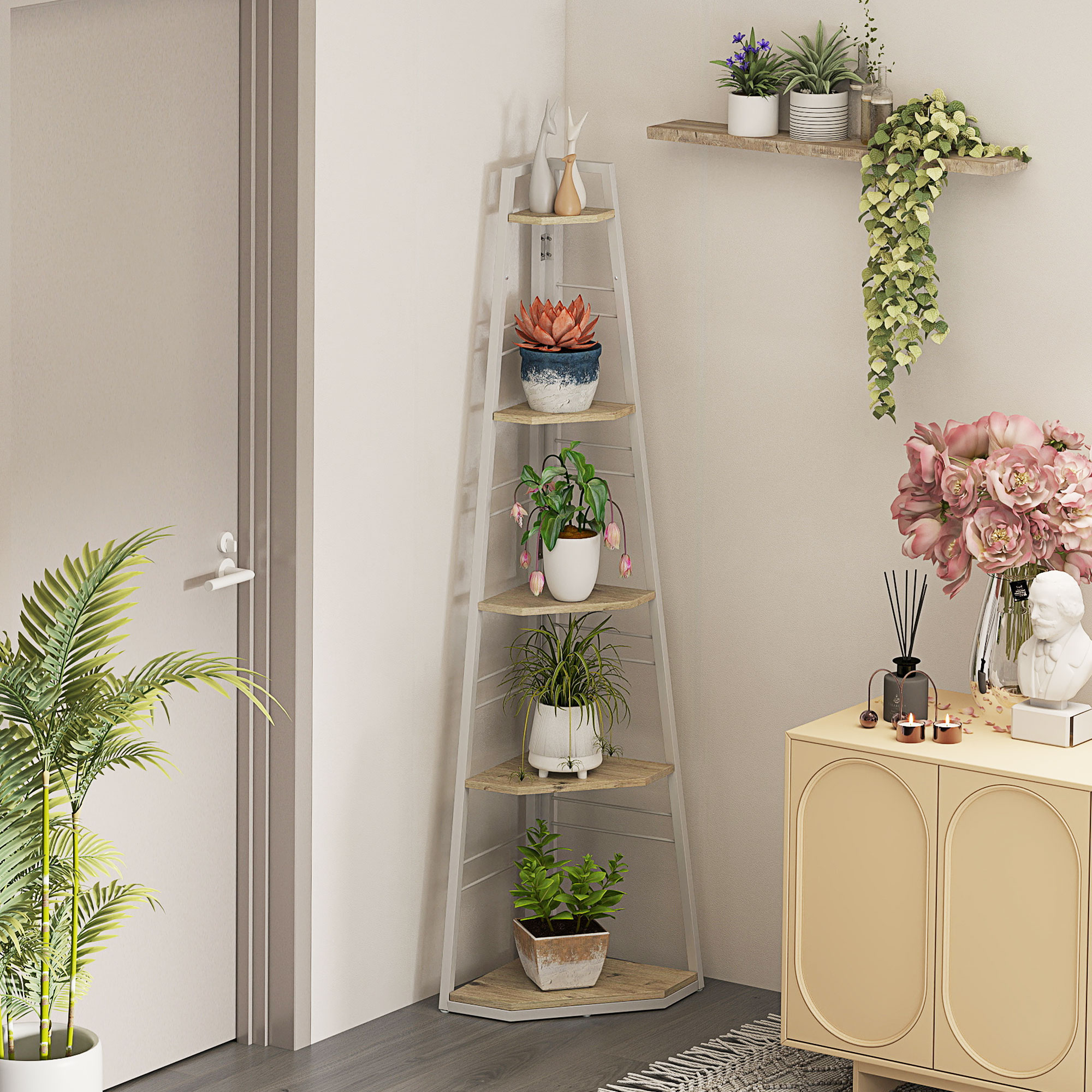  Biblioteca pentru Colt cu 5 Rafturi Pliabila cu Picioruse Regla bile Lemn [1]