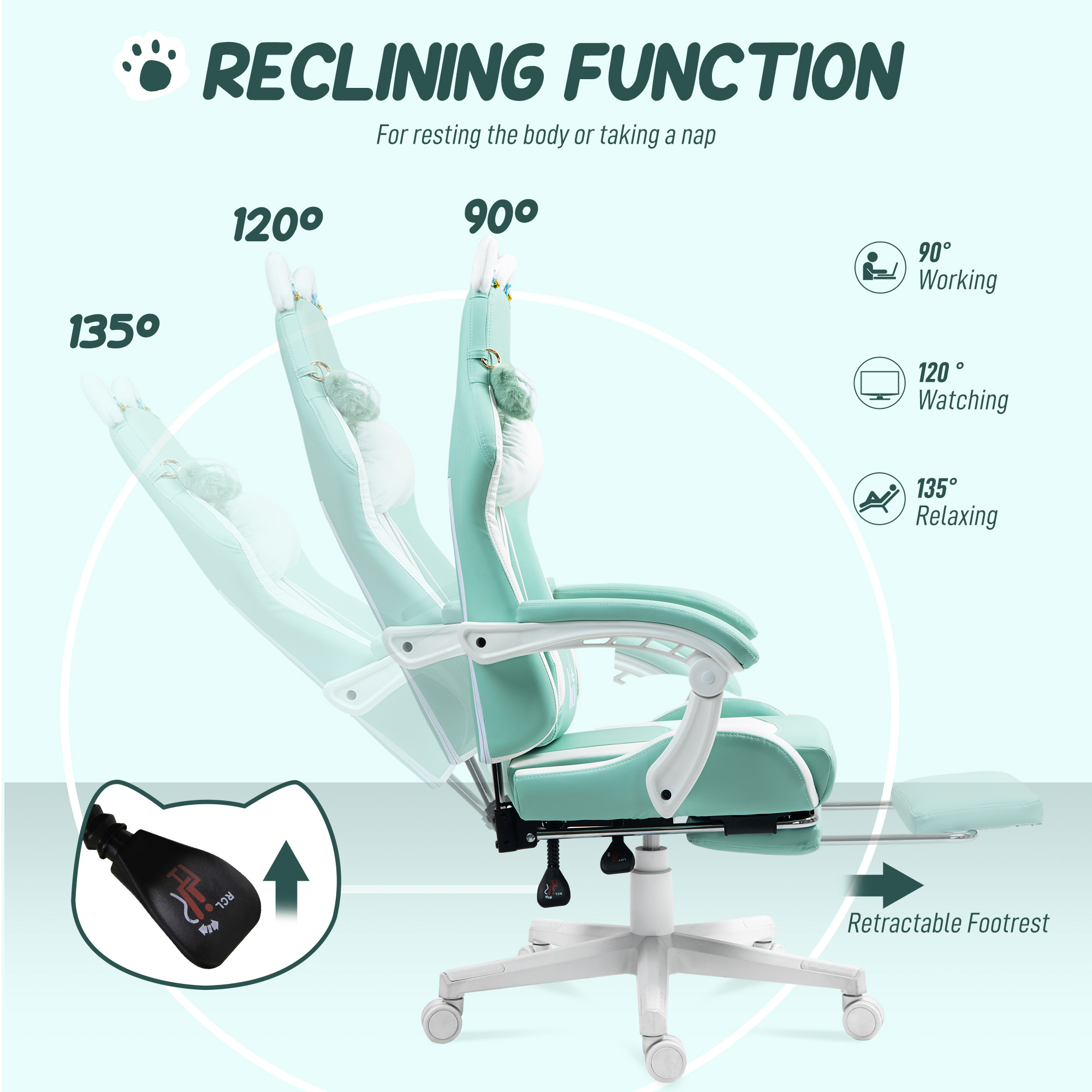 HOMCOM Cat Ear and Paw Reclining Office Chair, with Footrest Light Blue/White 6
