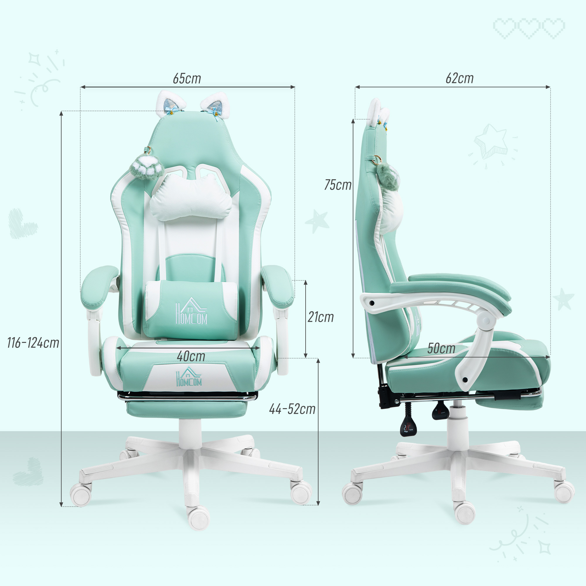 HOMCOM Cat Ear and Paw Reclining Office Chair, with Footrest Light Blue/White 3