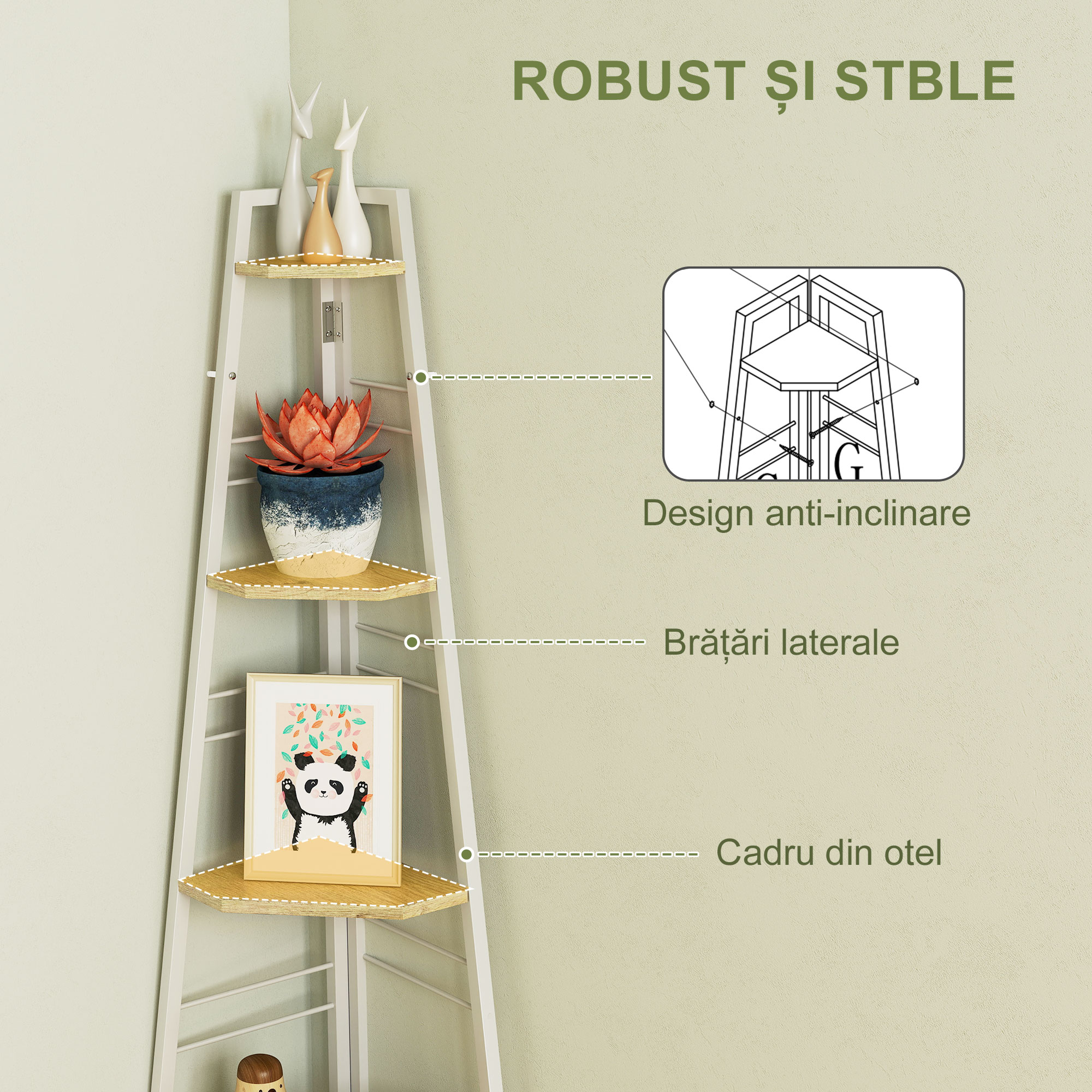  Biblioteca pentru Colt cu 5 Rafturi Pliabila cu Picioruse Regla bile Lemn [4]