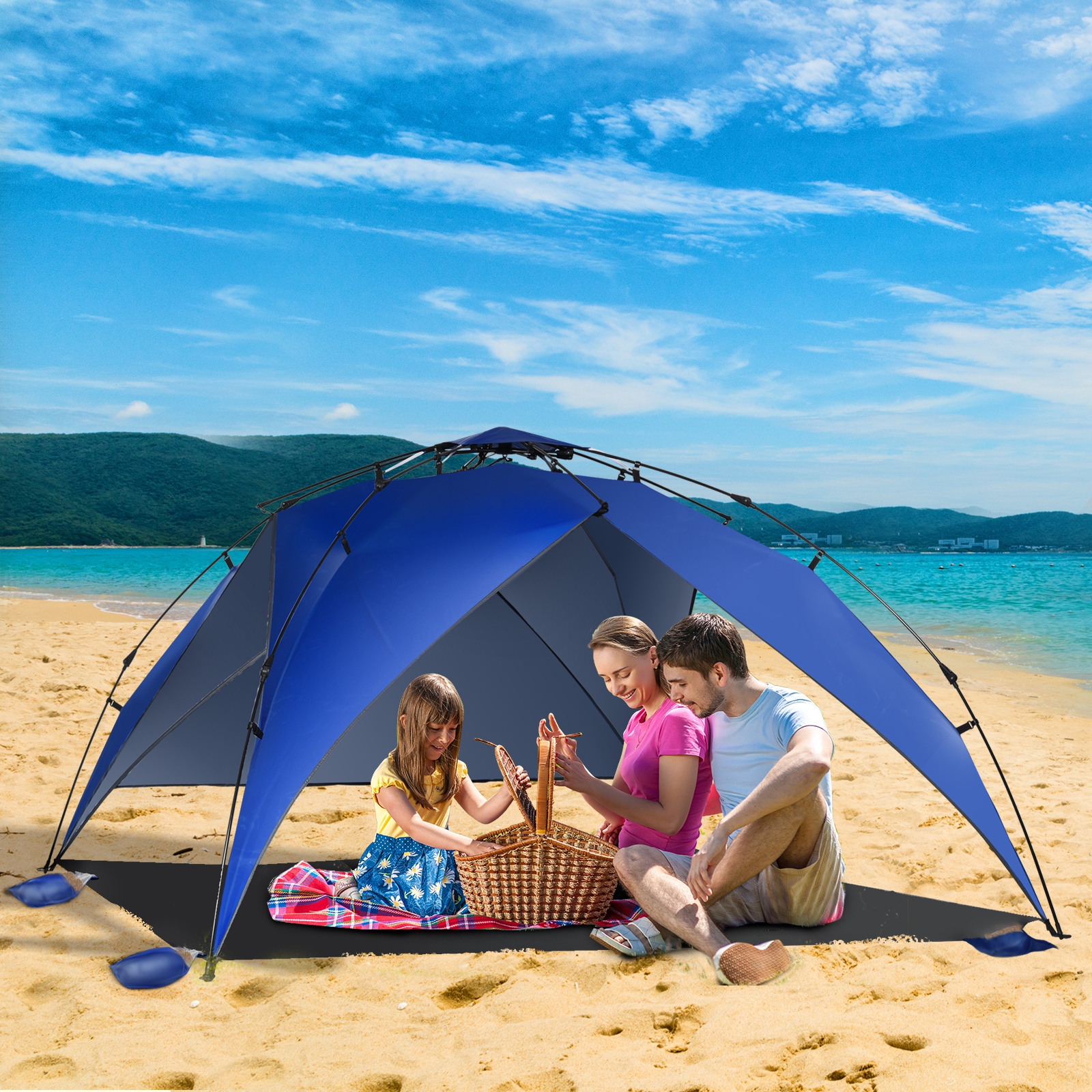 Rhino Valley 3x3M Tenda da Spiaggia Ultra Stabile Portatile, Protezione UV UPF50+ Tenda da Mare per 6 Persone Super Antivento con 8 Ancoraggi a Sabbia Riempibili e 4 Aste in Alluminio, Indaco