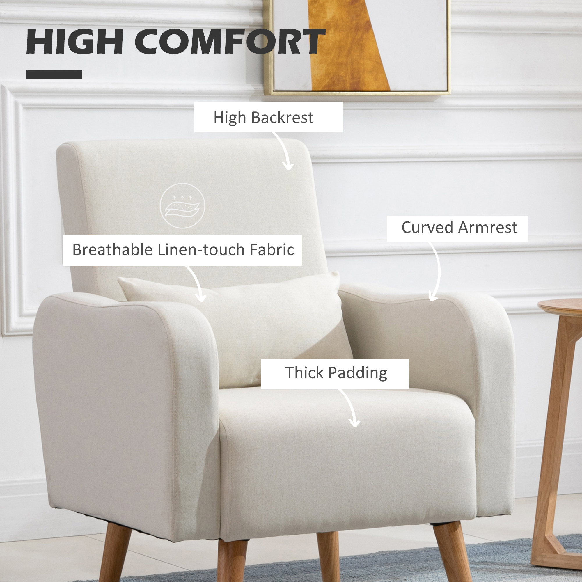 HOMCOM Accent Chair, Linen-Touch Armchair with Pillow, Upholstered Leisure Lounge Sofa for Living Room, Club Chair with Rubber Wooden Frame, Cream 4