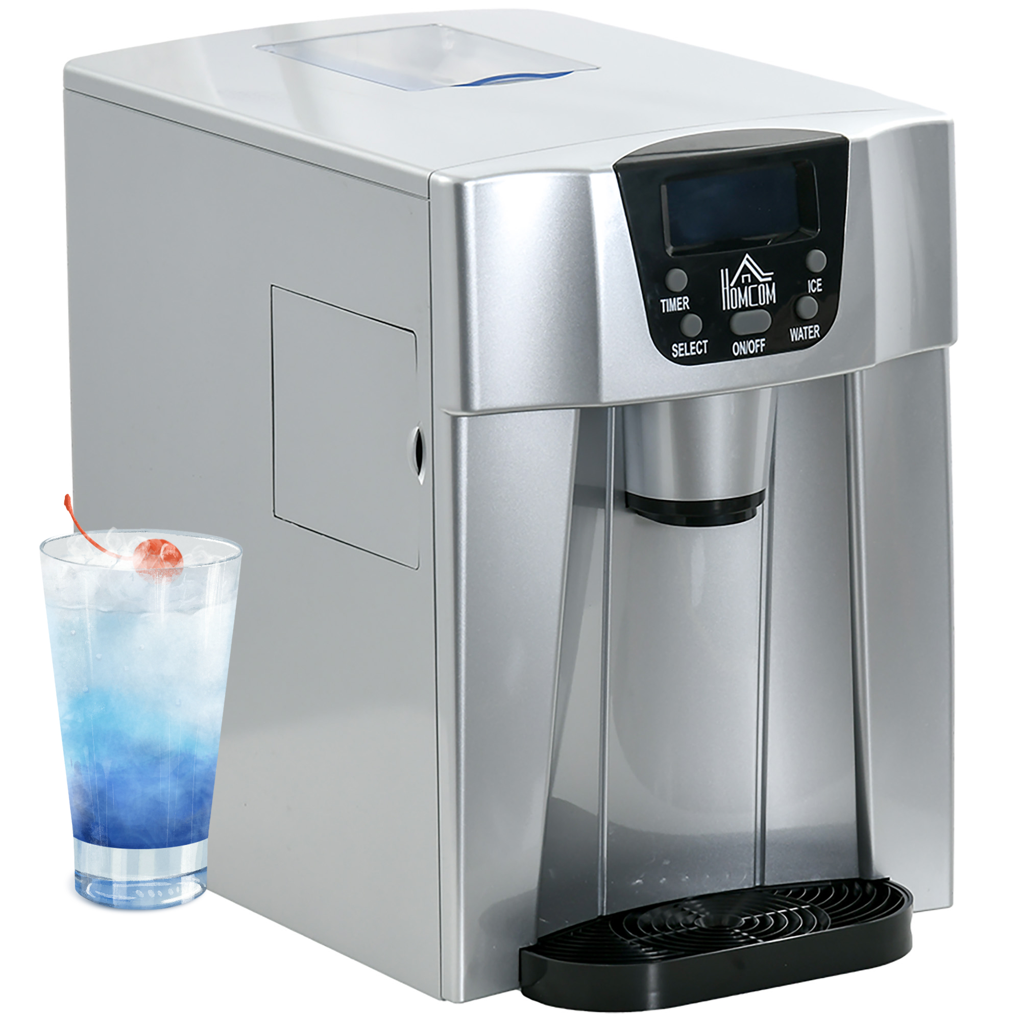 Homcom Silver Ice Maker Machine And Water Dispenser, Counter Top Ice Cube Maker For Home W/3L Tank, Adjustable Cube Size,12Kg In 24 Hrs, No Plumbing Required