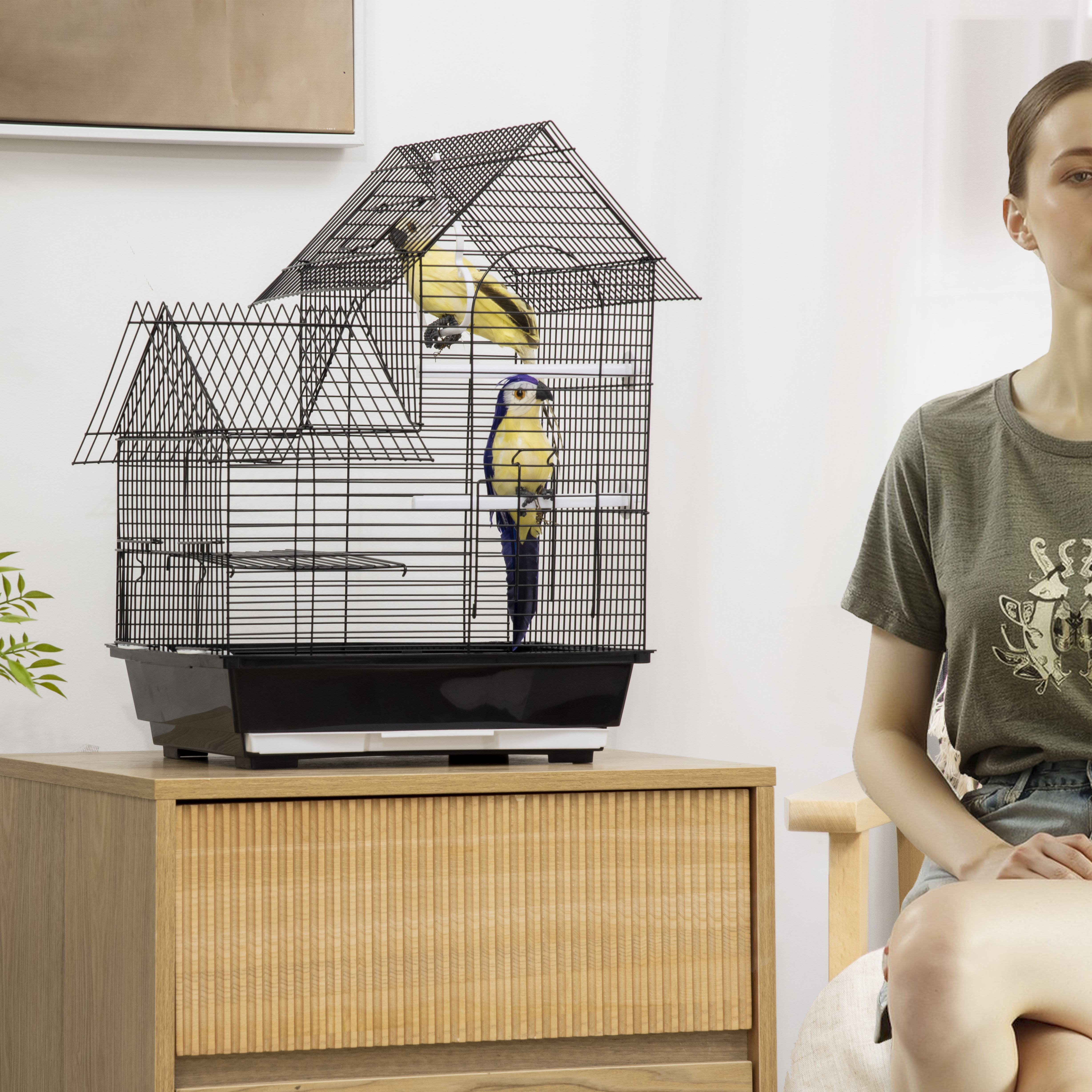 PawHut Metal Bird Cage with Plastic Swing, Perch, Food Container, Tray, Handle, for Finches, Canaries, Budgies, 43 x 32.5 x 163