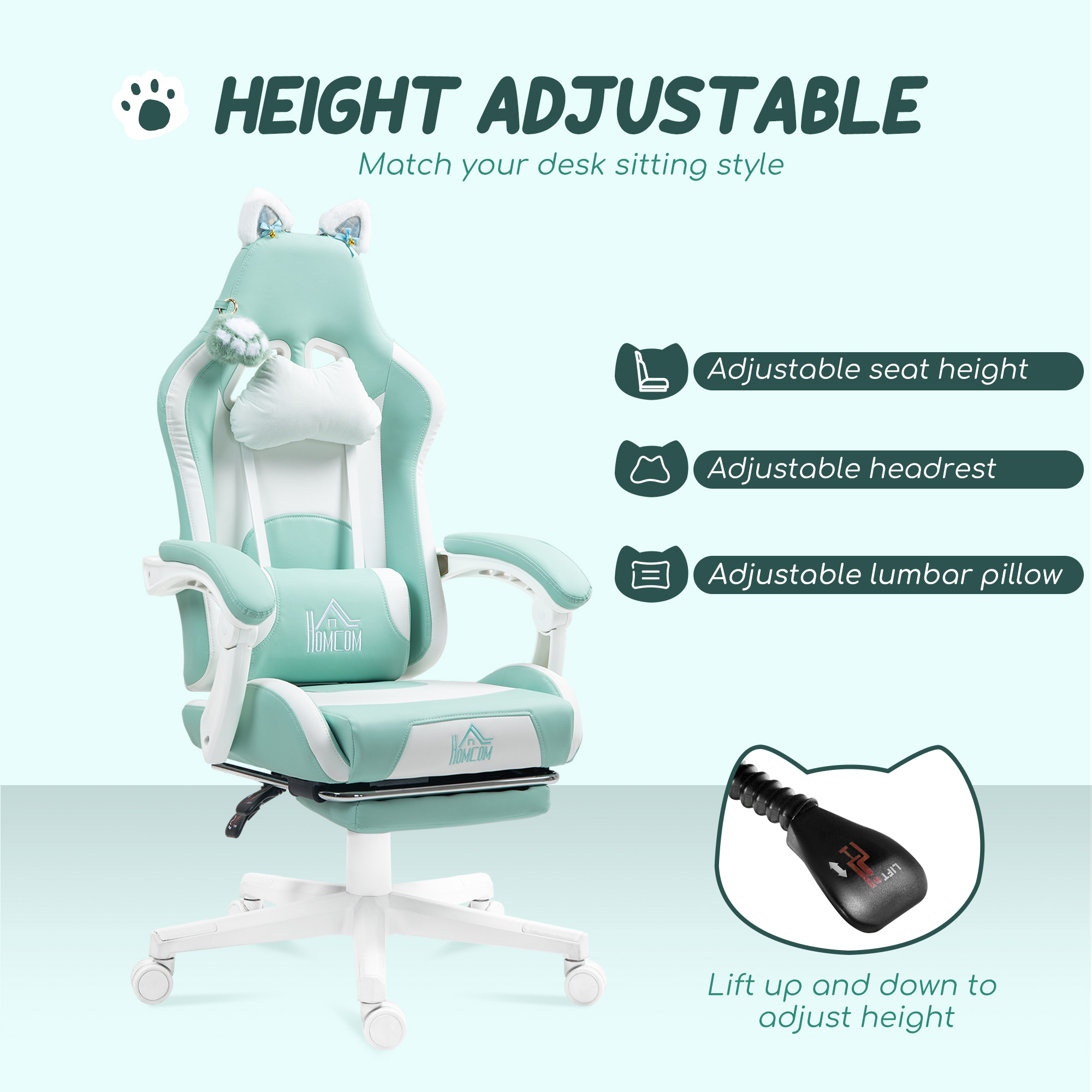 HOMCOM Cat Ear and Paw Reclining Office Chair, with Footrest Light Blue/White 5